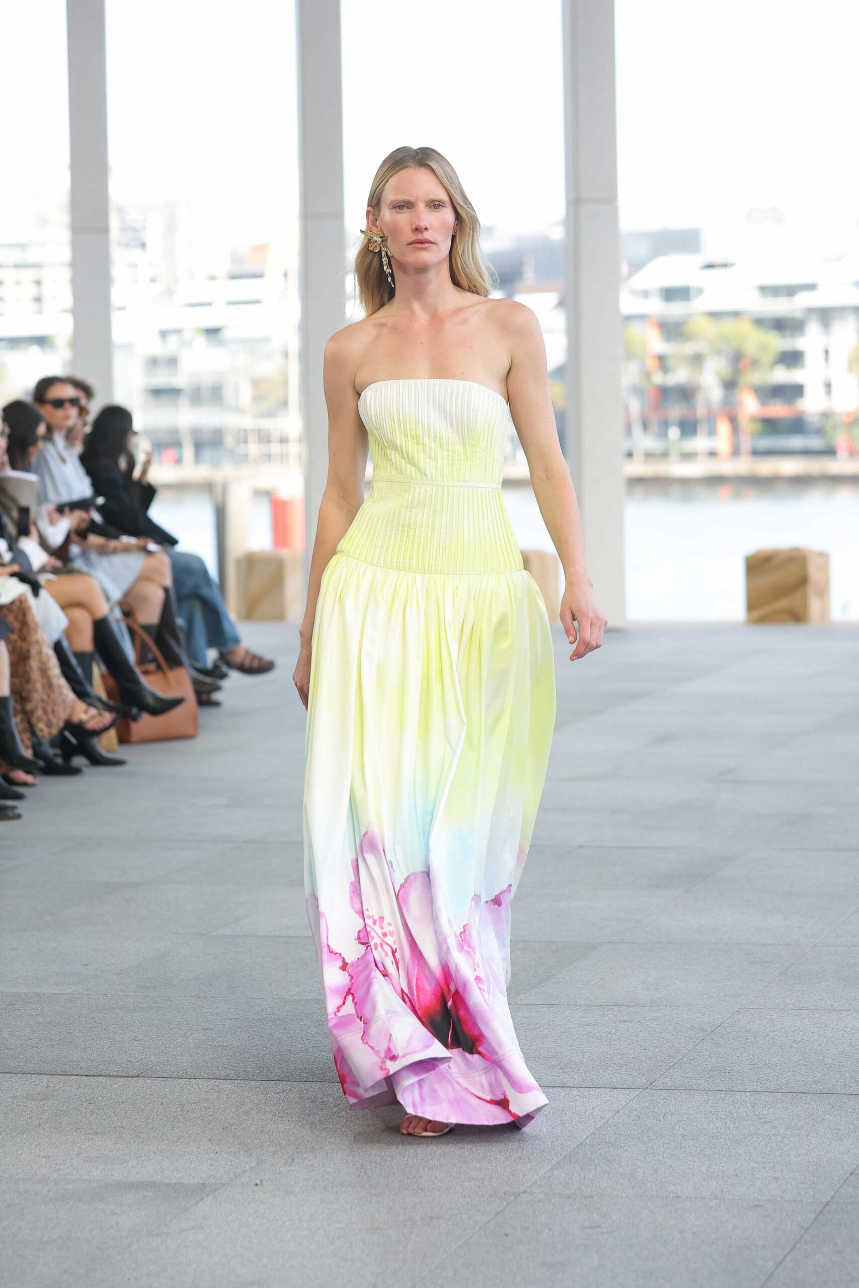 white silk strapless structured pleated printed flowing gown