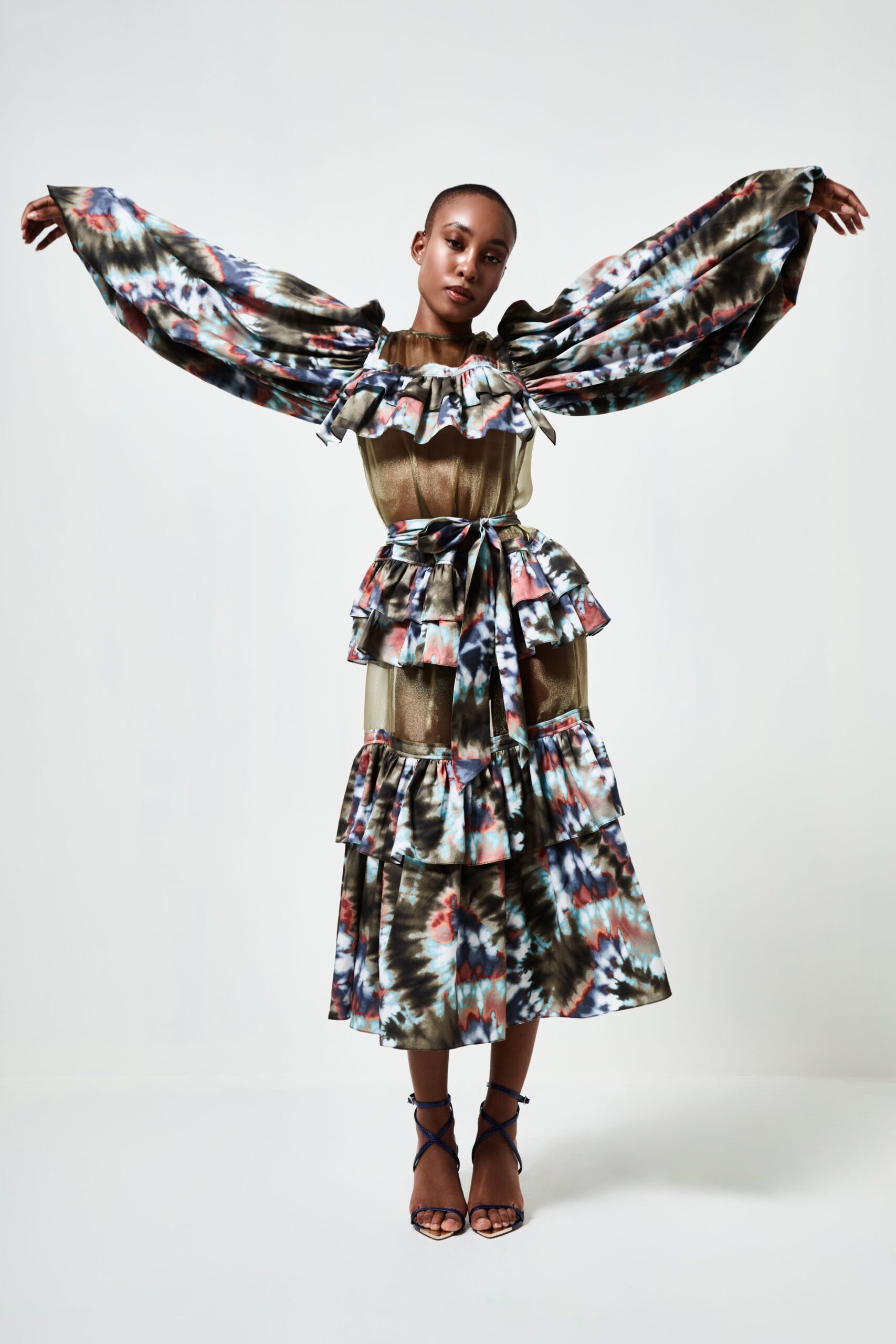 multi silk long-sleeve off-shoulder fitted ruffled tiered dress
