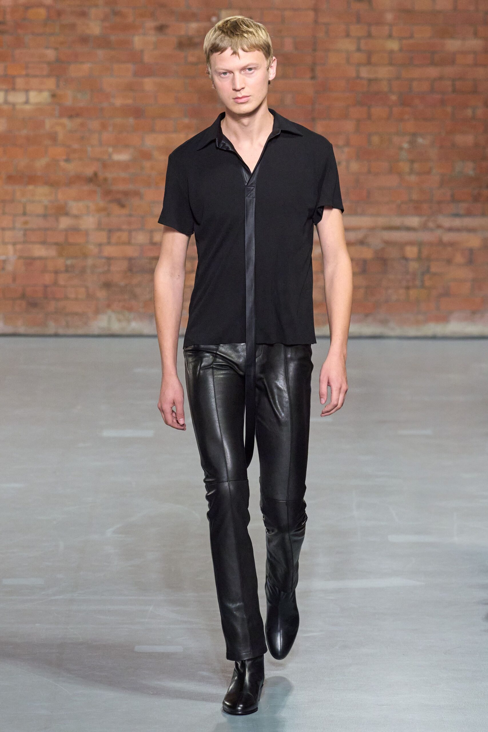 black fitted shirt and leather pants