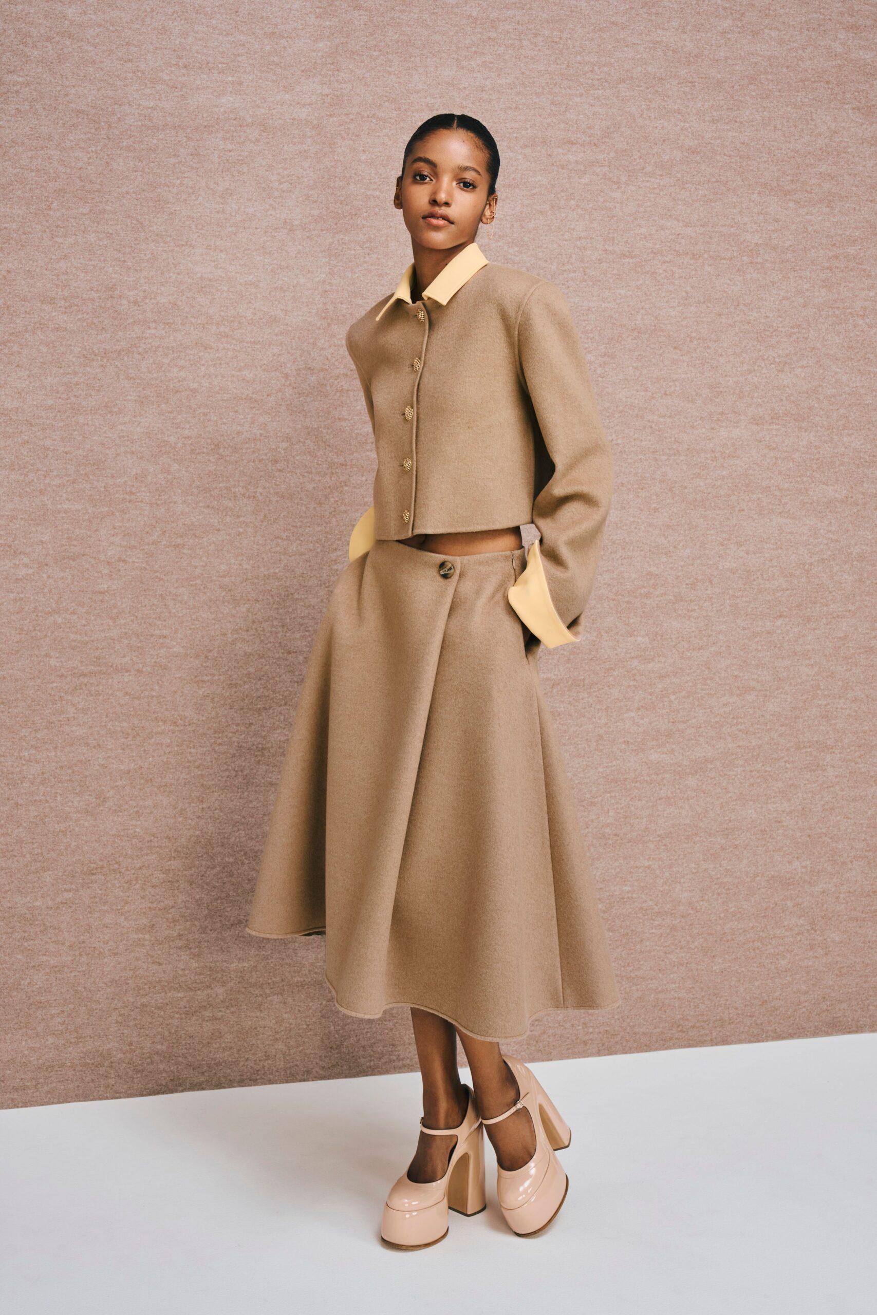 beige wool fitted flared midi skirt