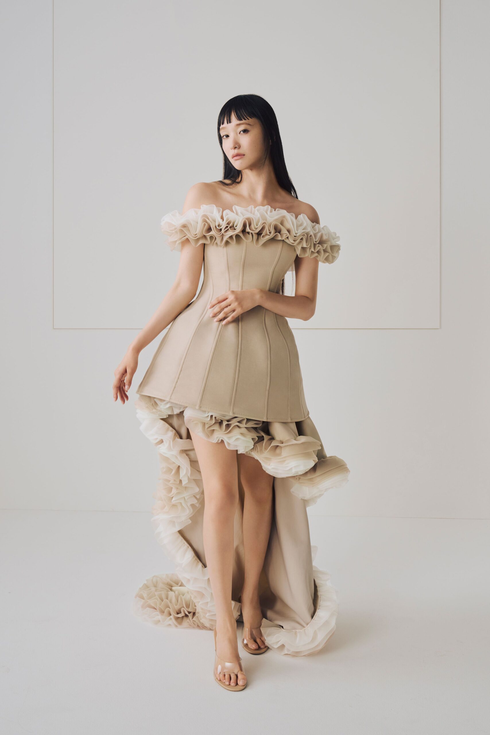 beige ruffled midi dress with sandals