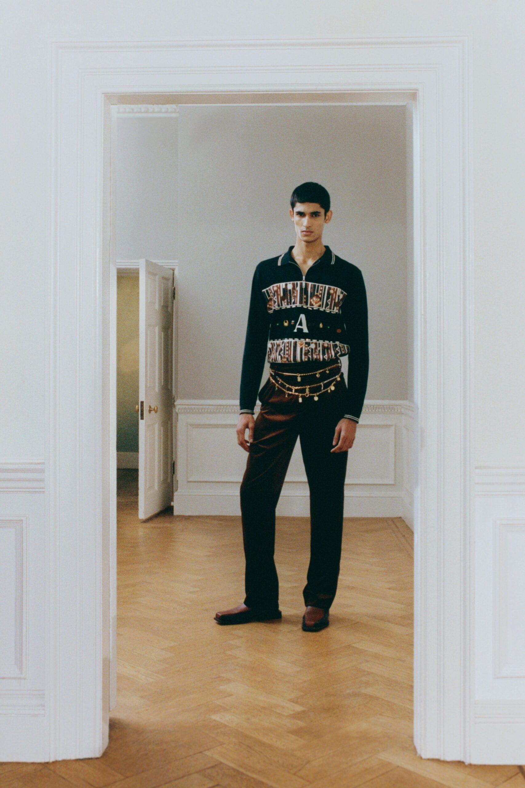black fitted top with printed design
