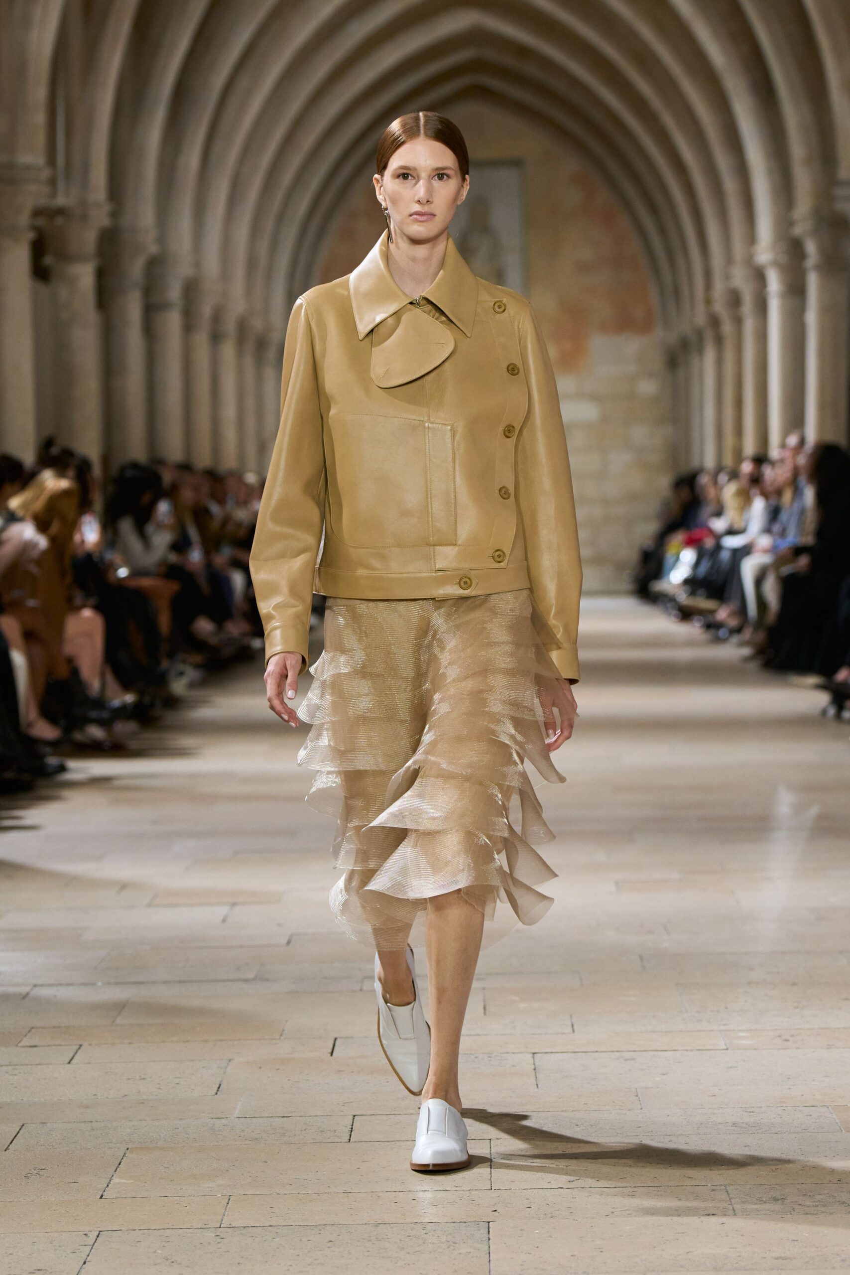 beige silk relaxed tiered ruffled flowing skirt