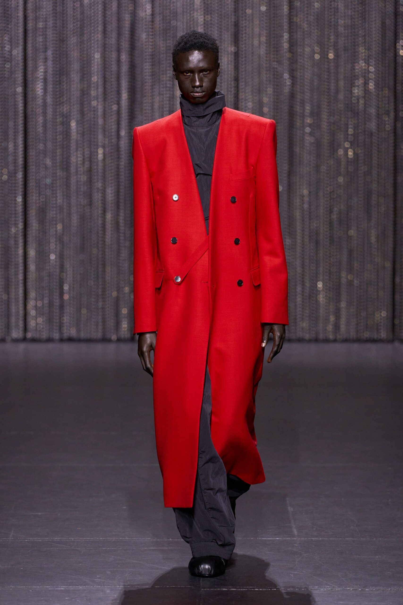 red wool long-sleeve collared structured maxi coat