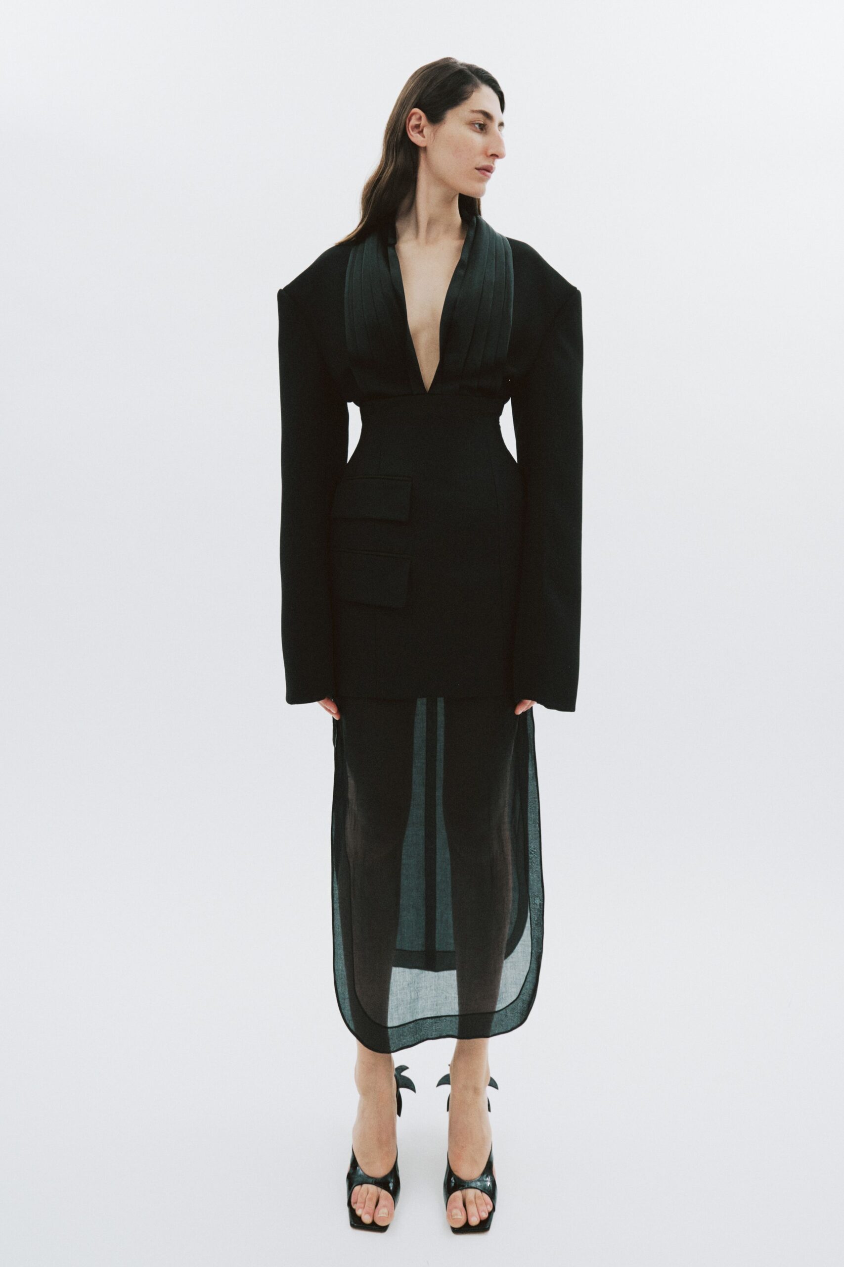 black silk chiffon midi dress with open-toe shoes