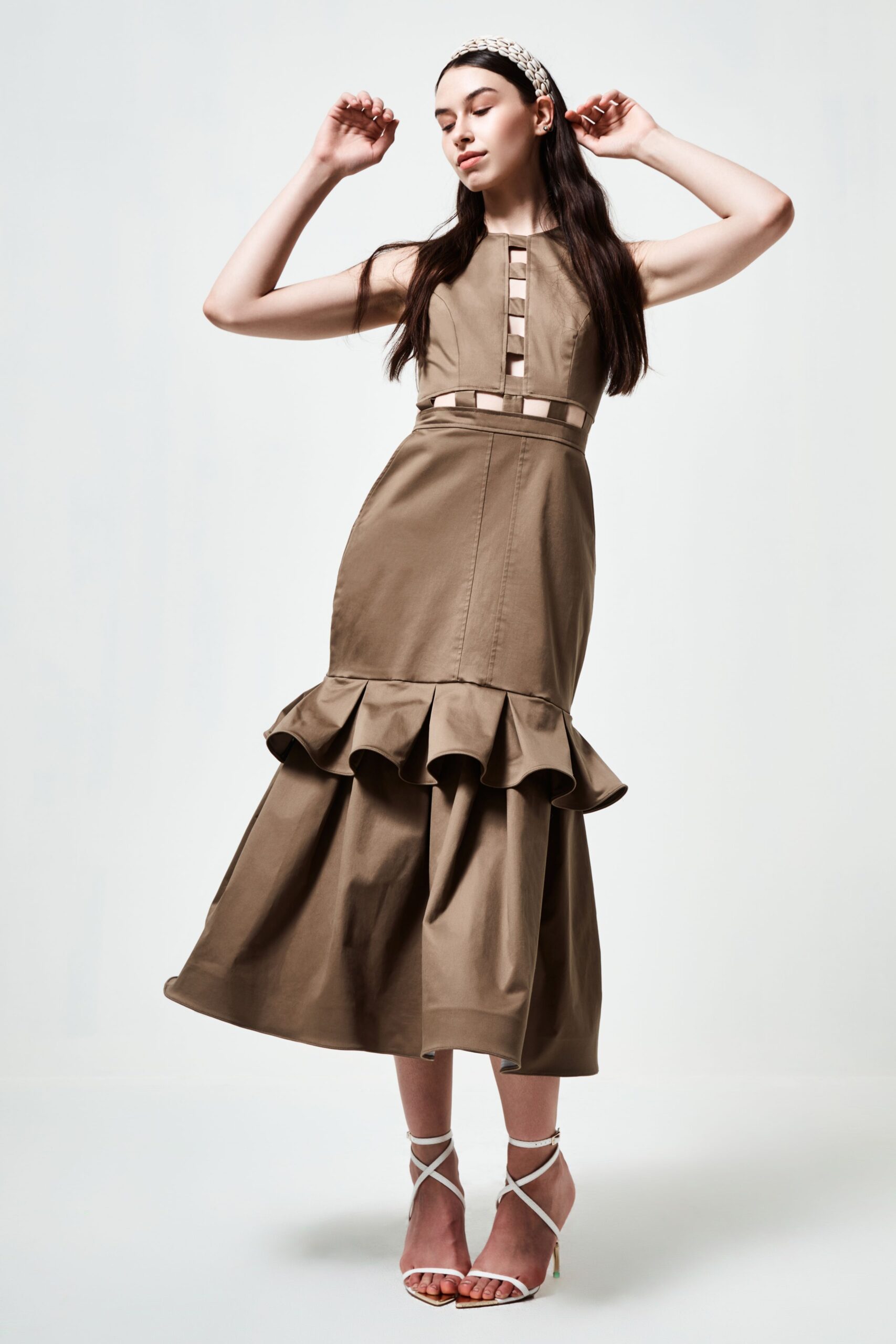 beige cotton sleeveless v-neck fitted ruffled buttoned dress
