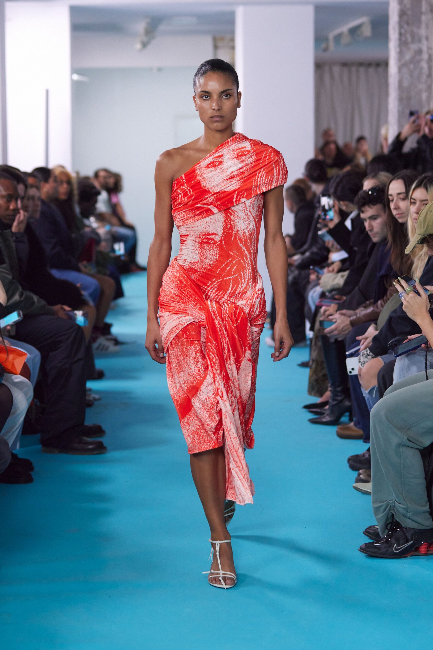 red silk sleeveless asymmetric fitted printed draped dress