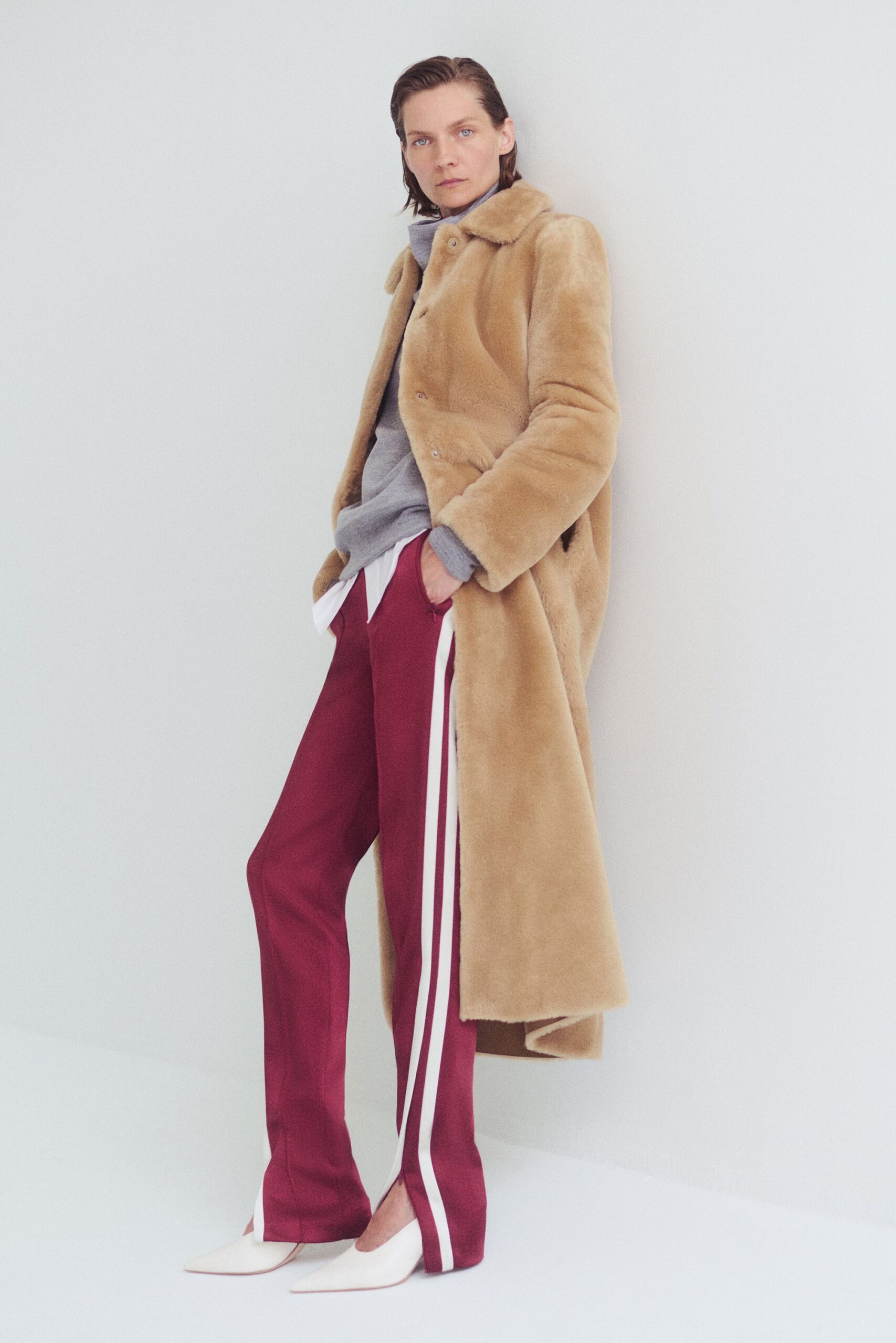 beige fur long-sleeve collared oversized buttoned pockets coat