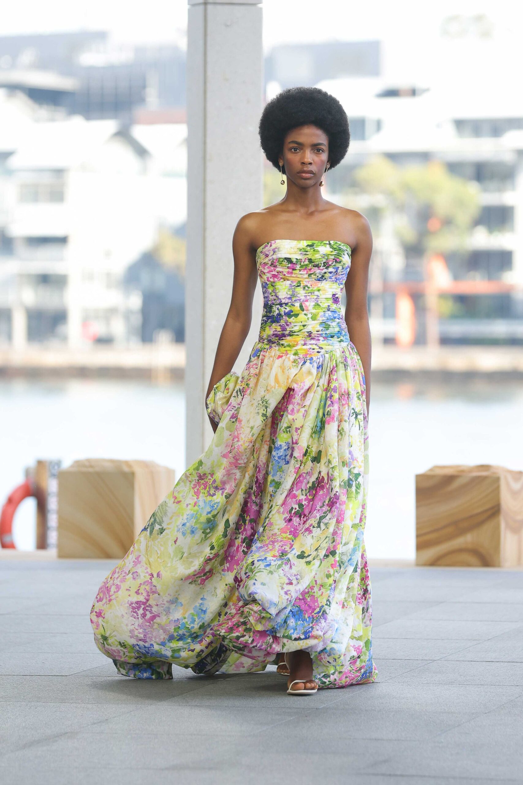 white chiffon strapless fitted printed ruched flowing dress