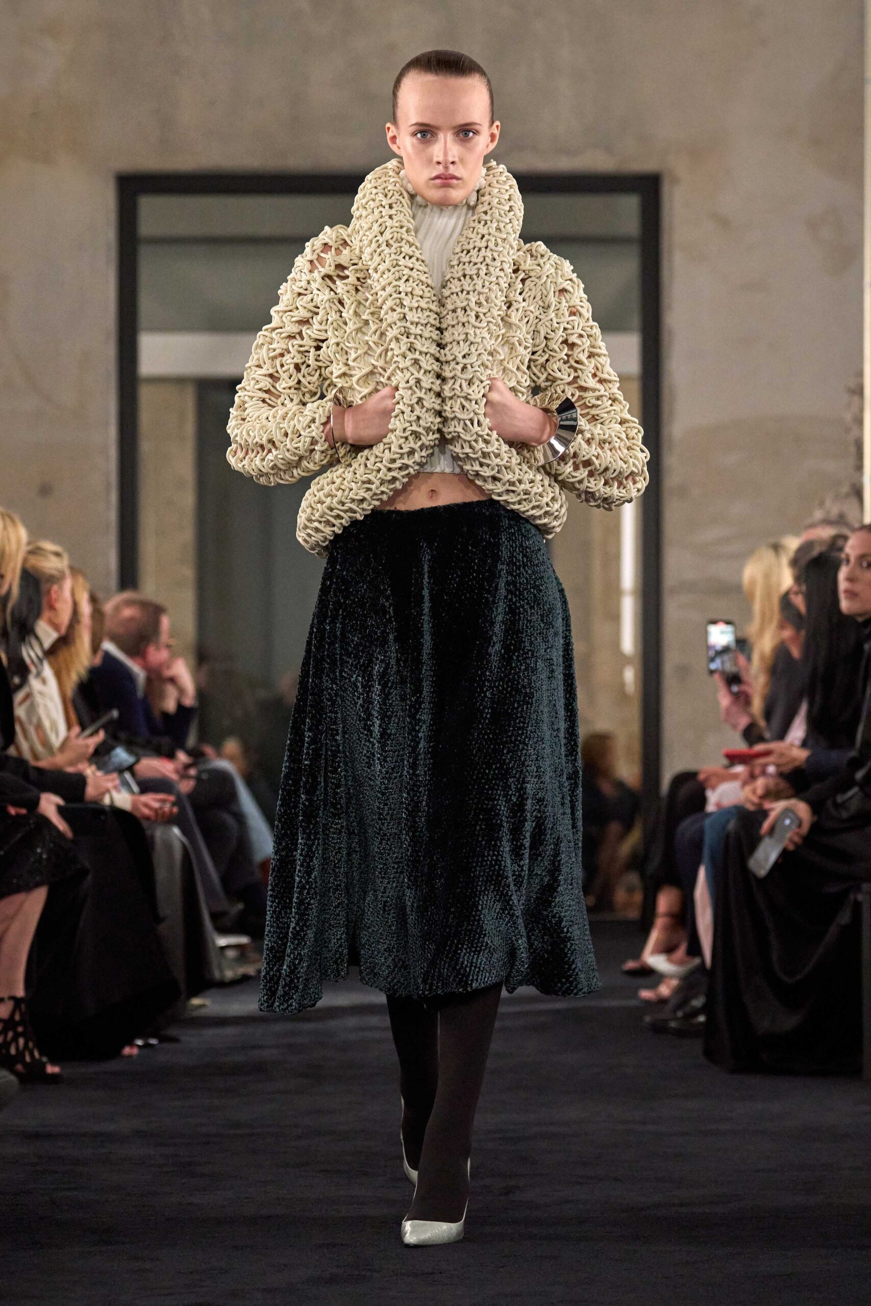 beige knit long-sleeve high-neck fitted layered cropped top