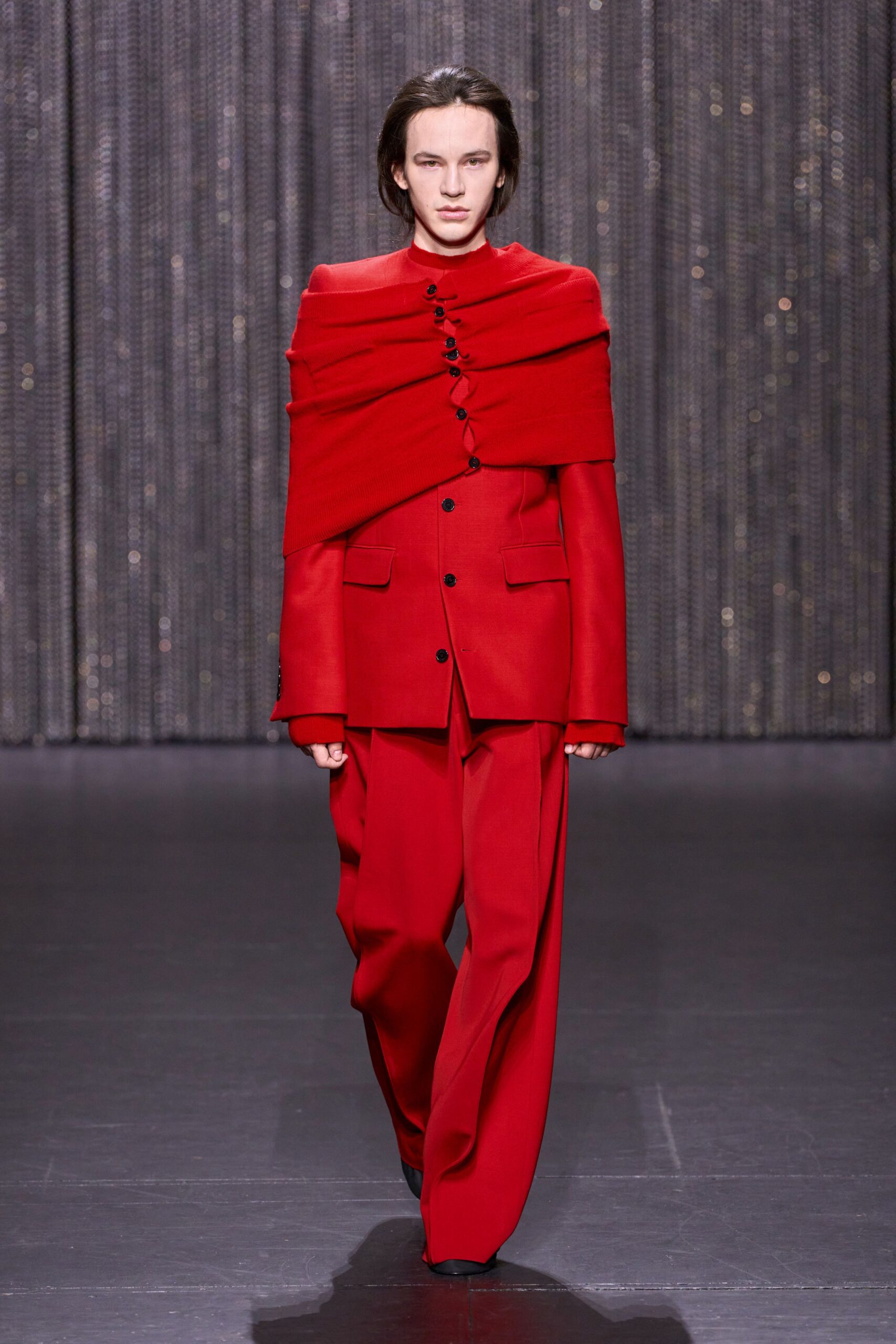 red wool long-sleeve collared tailored pleated suit