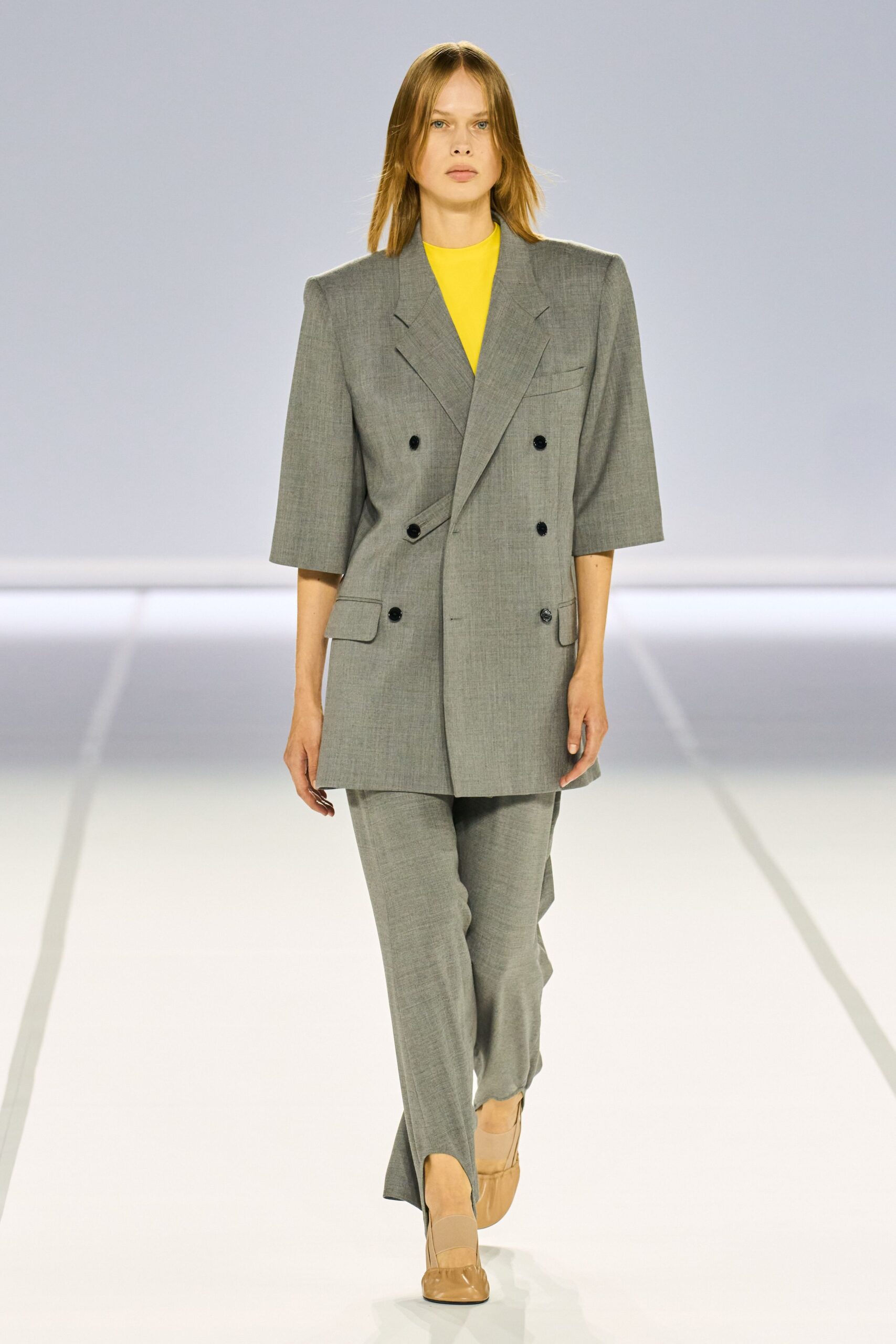 gray tailored blazer with yellow top