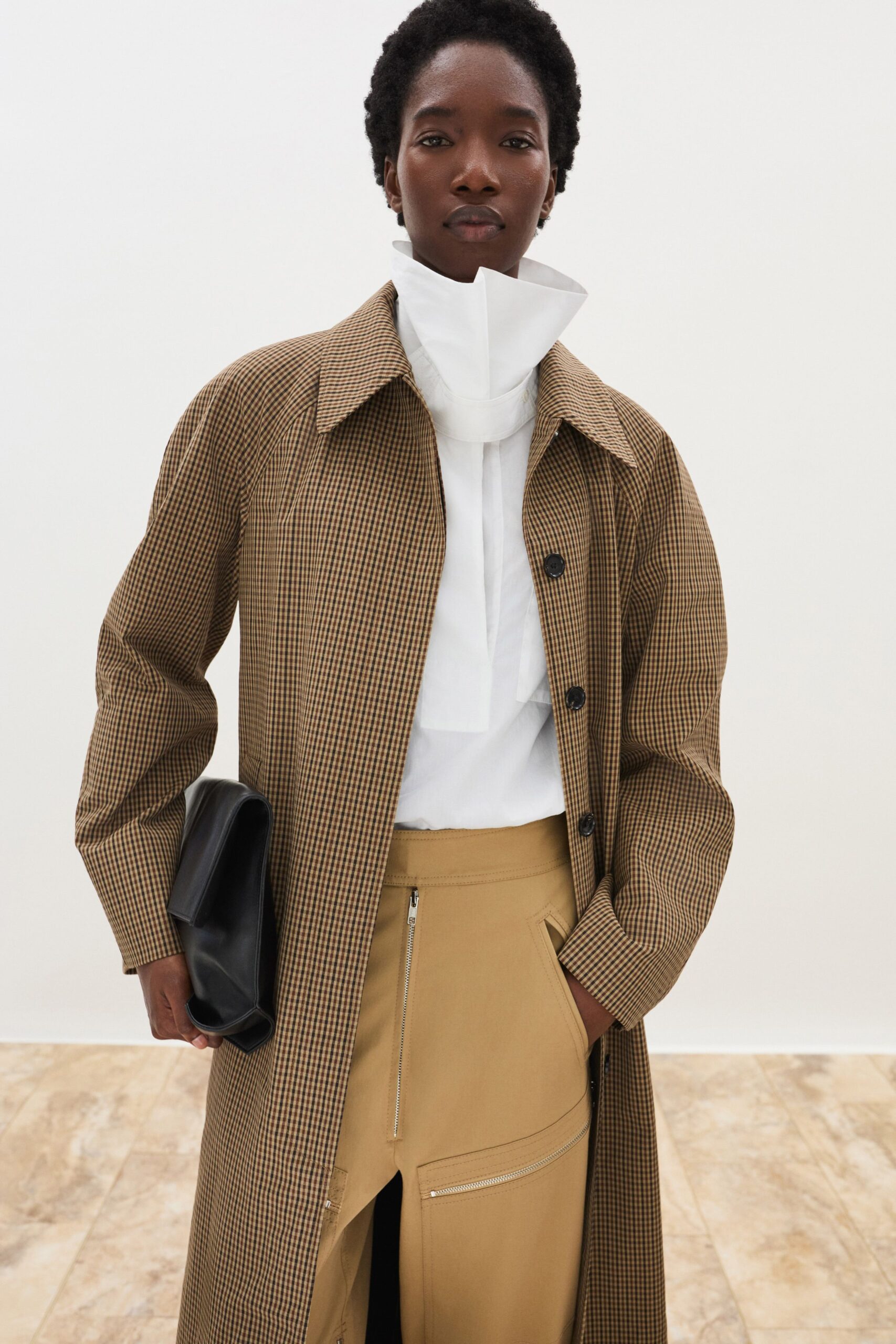 brown checked coat with white shirt