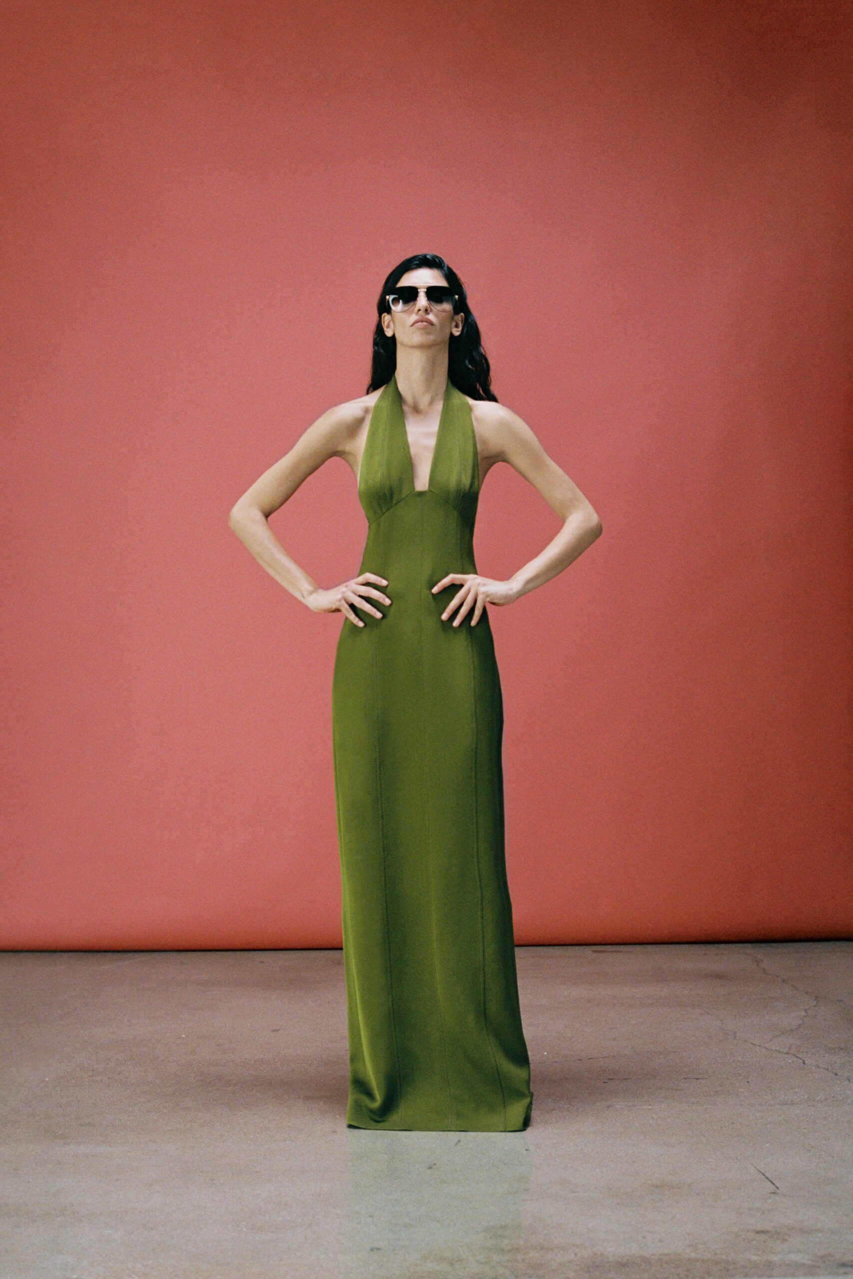 green silk halter sleeveless fitted draped shiny gown