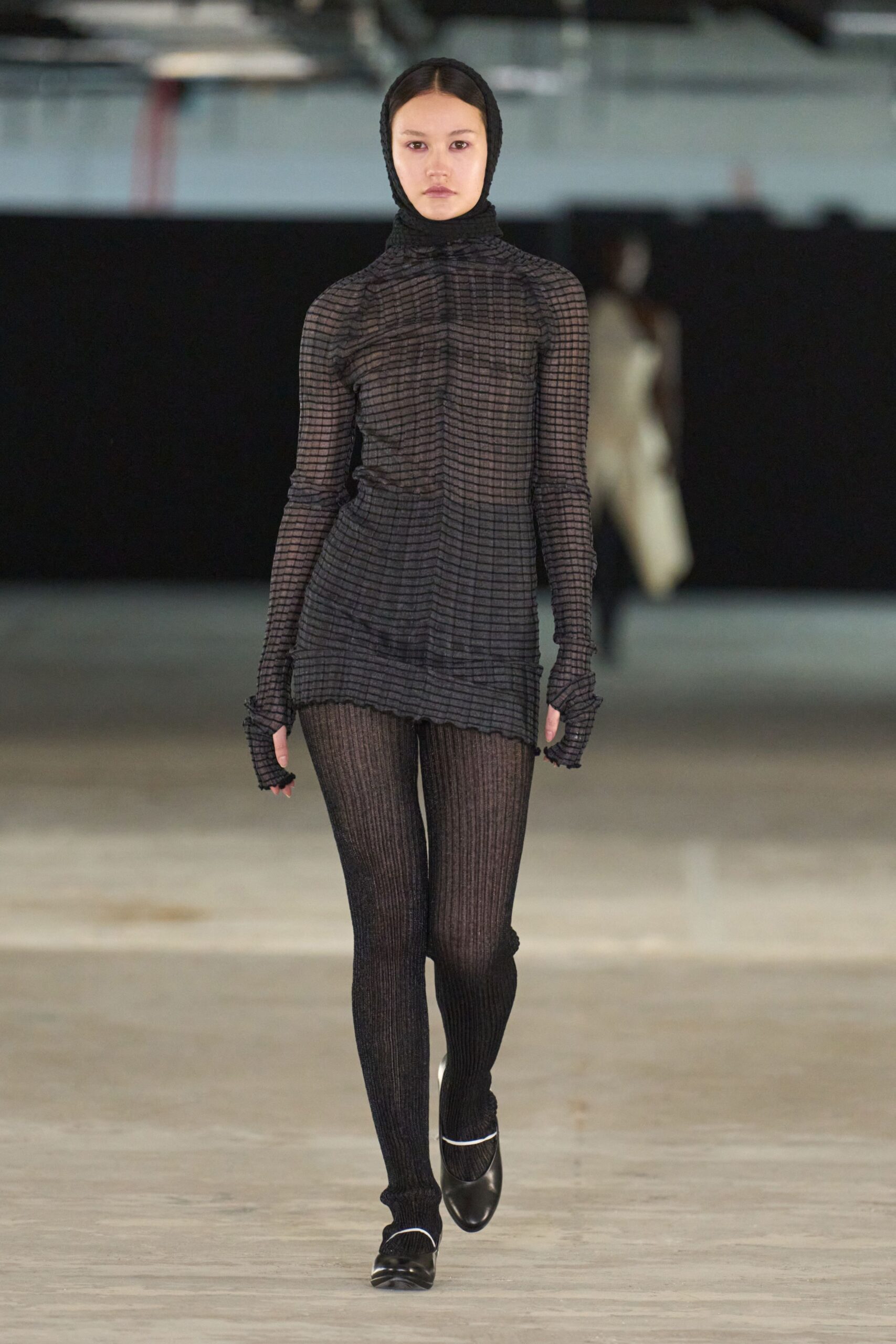 black mesh fitted top and leggings
