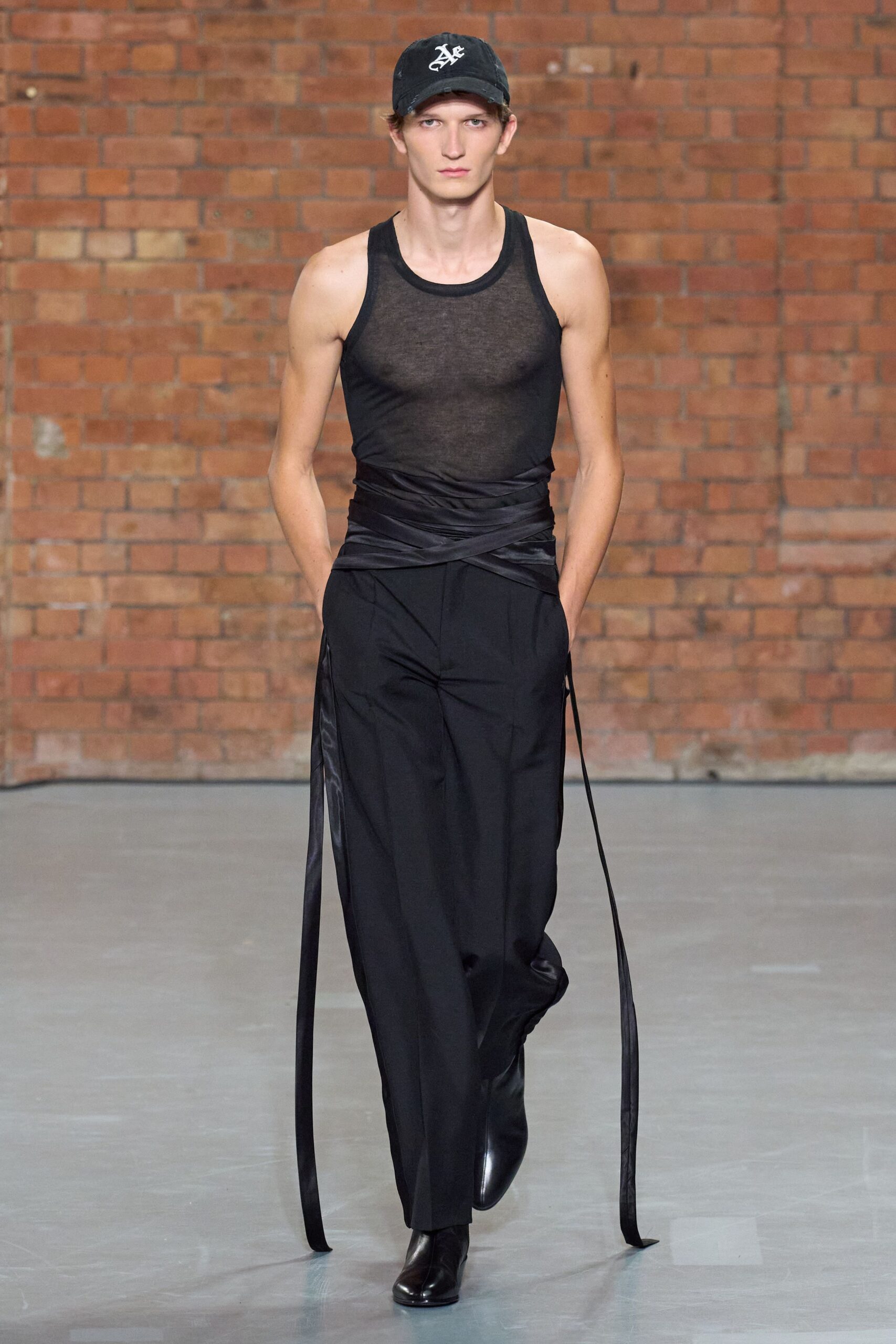 black mesh tank-top with relaxed pants