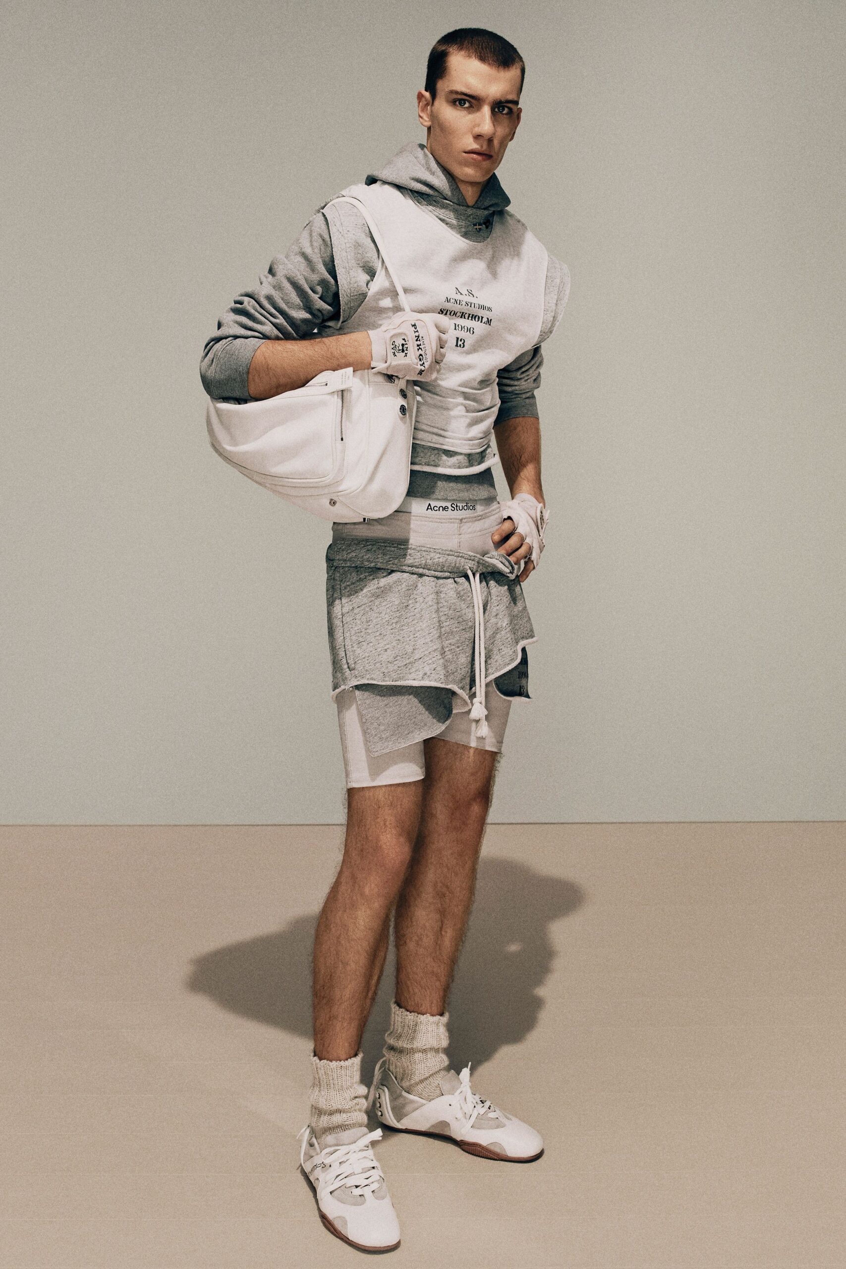 gray hoodie white t-shirt shorts