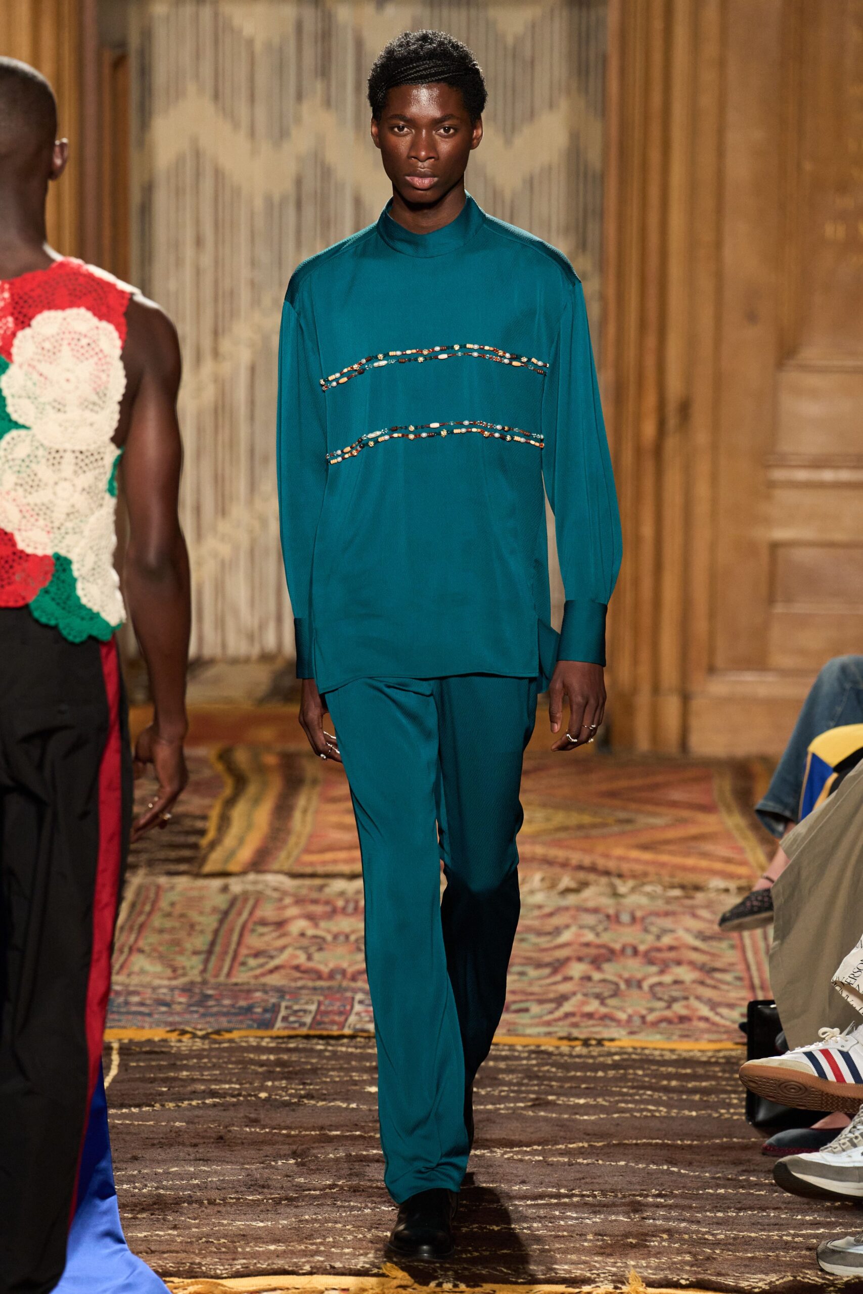 teal silk top and pants