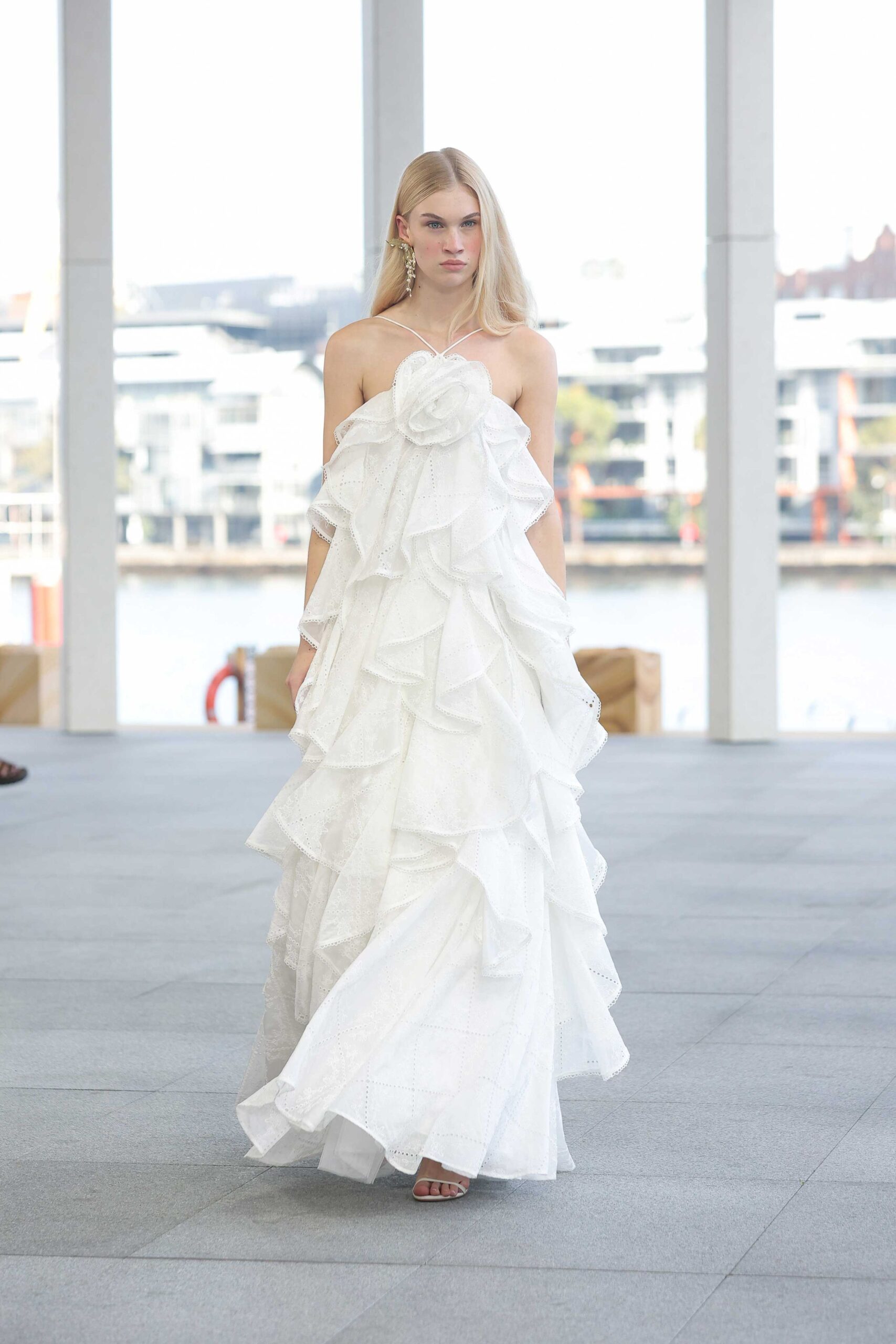 white chiffon halter sleeveless relaxed layered ruffled gown