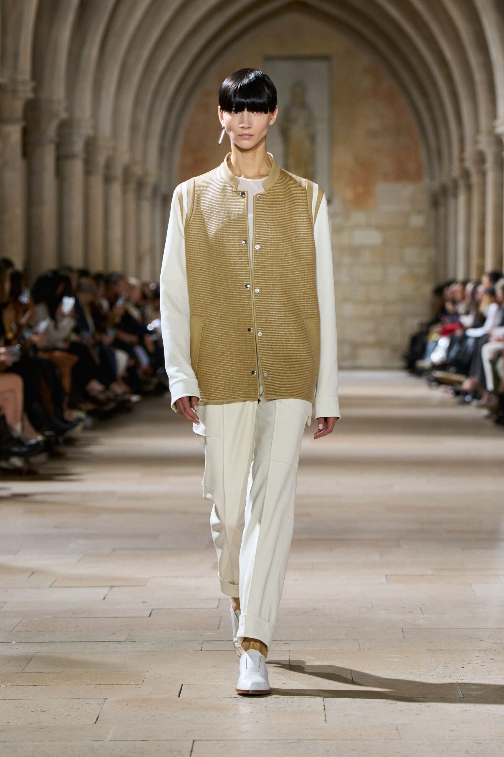 beige relaxed jacket with white pants