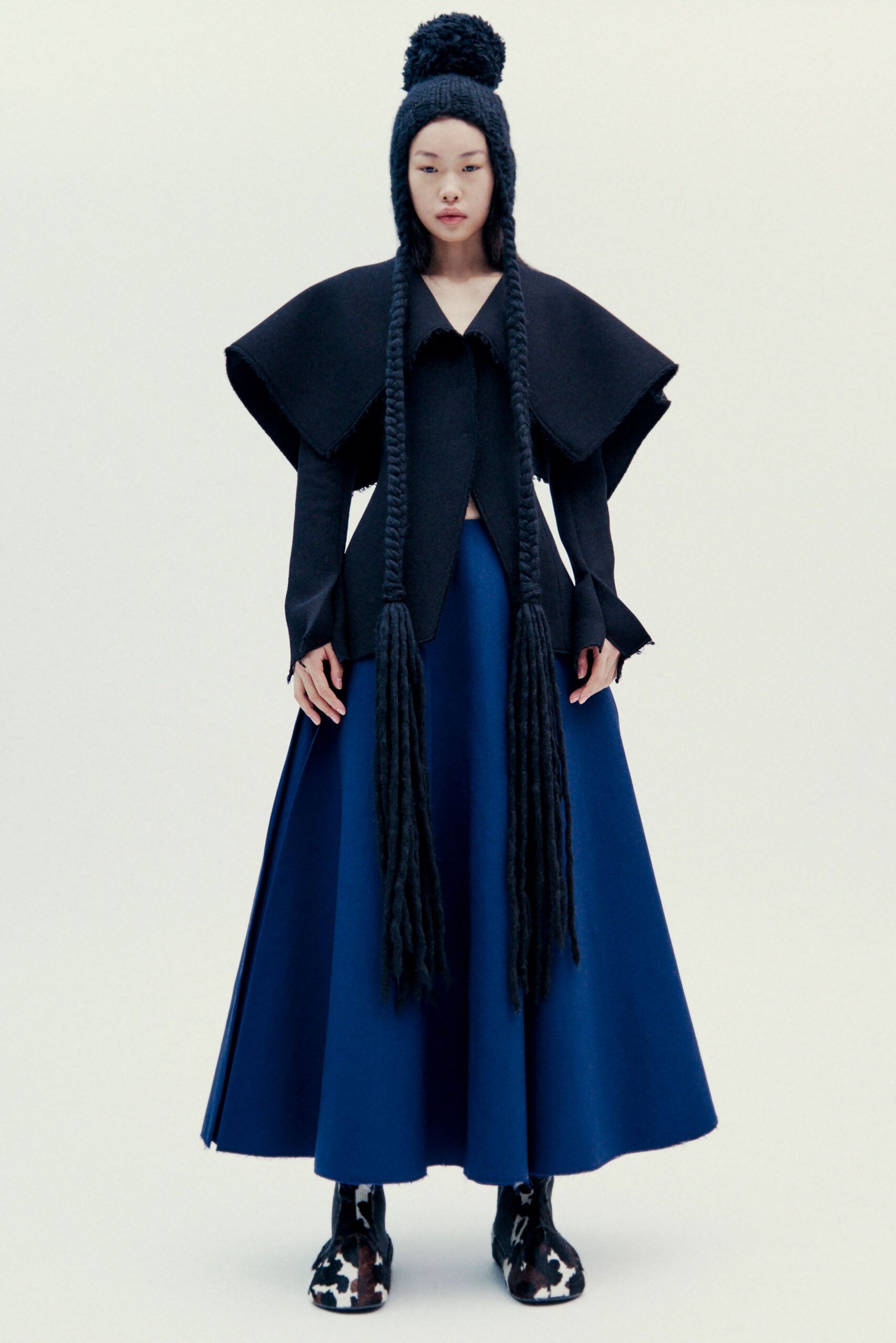 black wool long-sleeve collared structured draped top