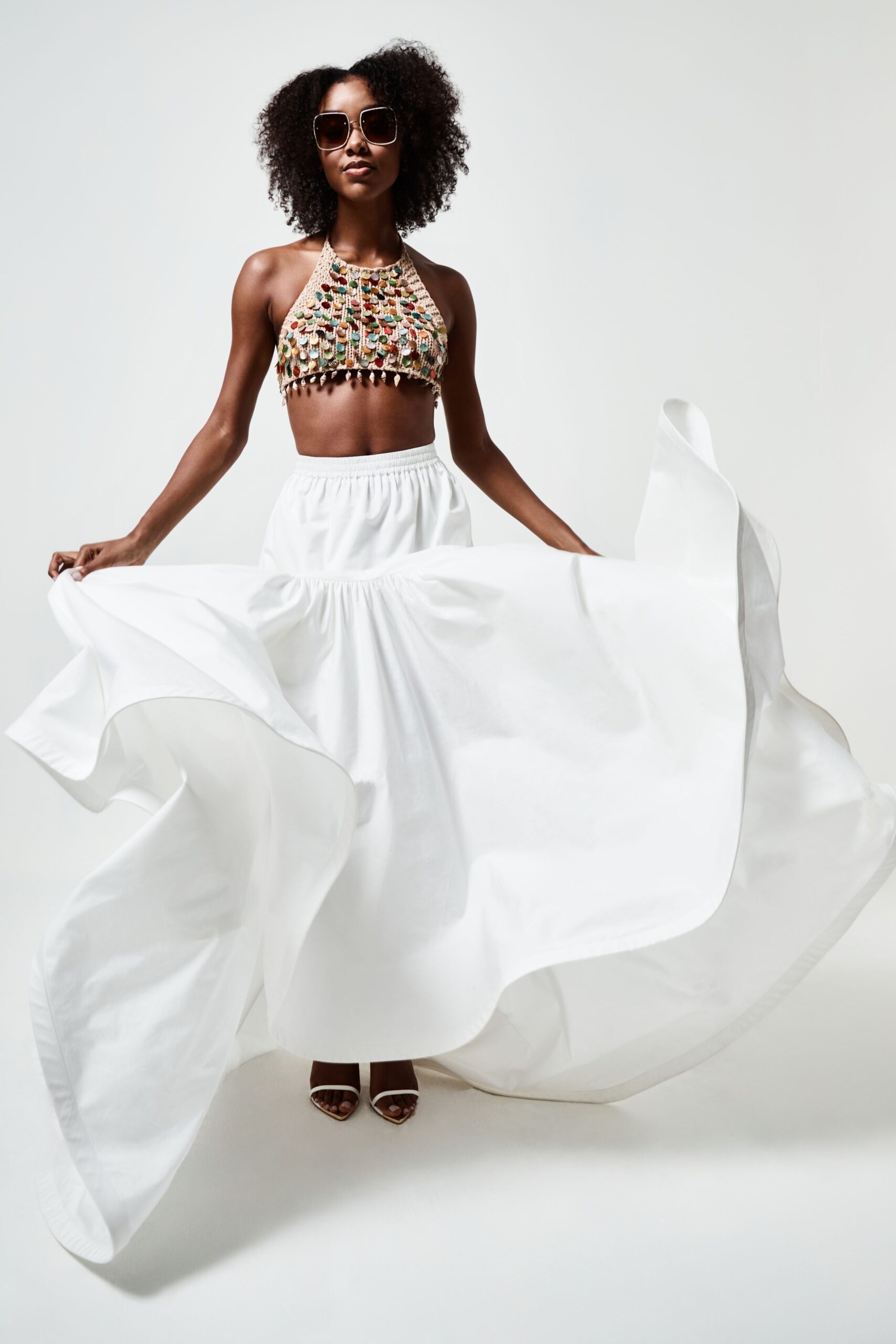 multi-colored crop-top with white maxi skirt