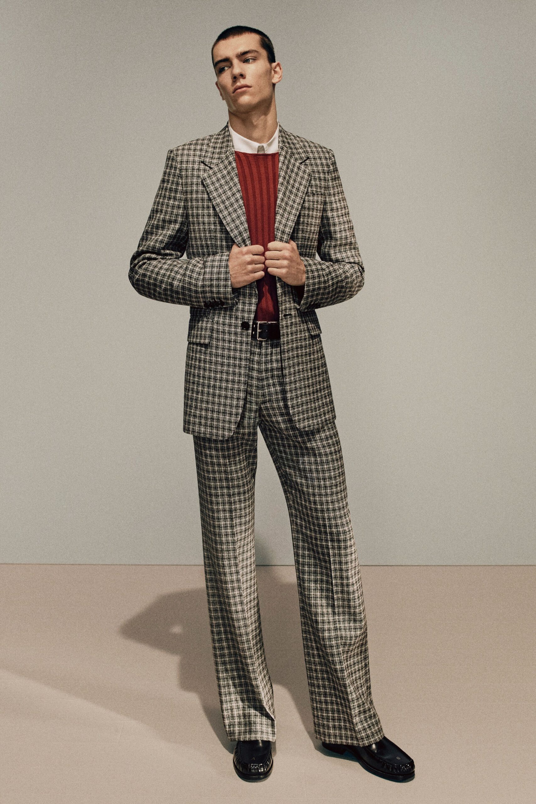 gray checked tailored suit
