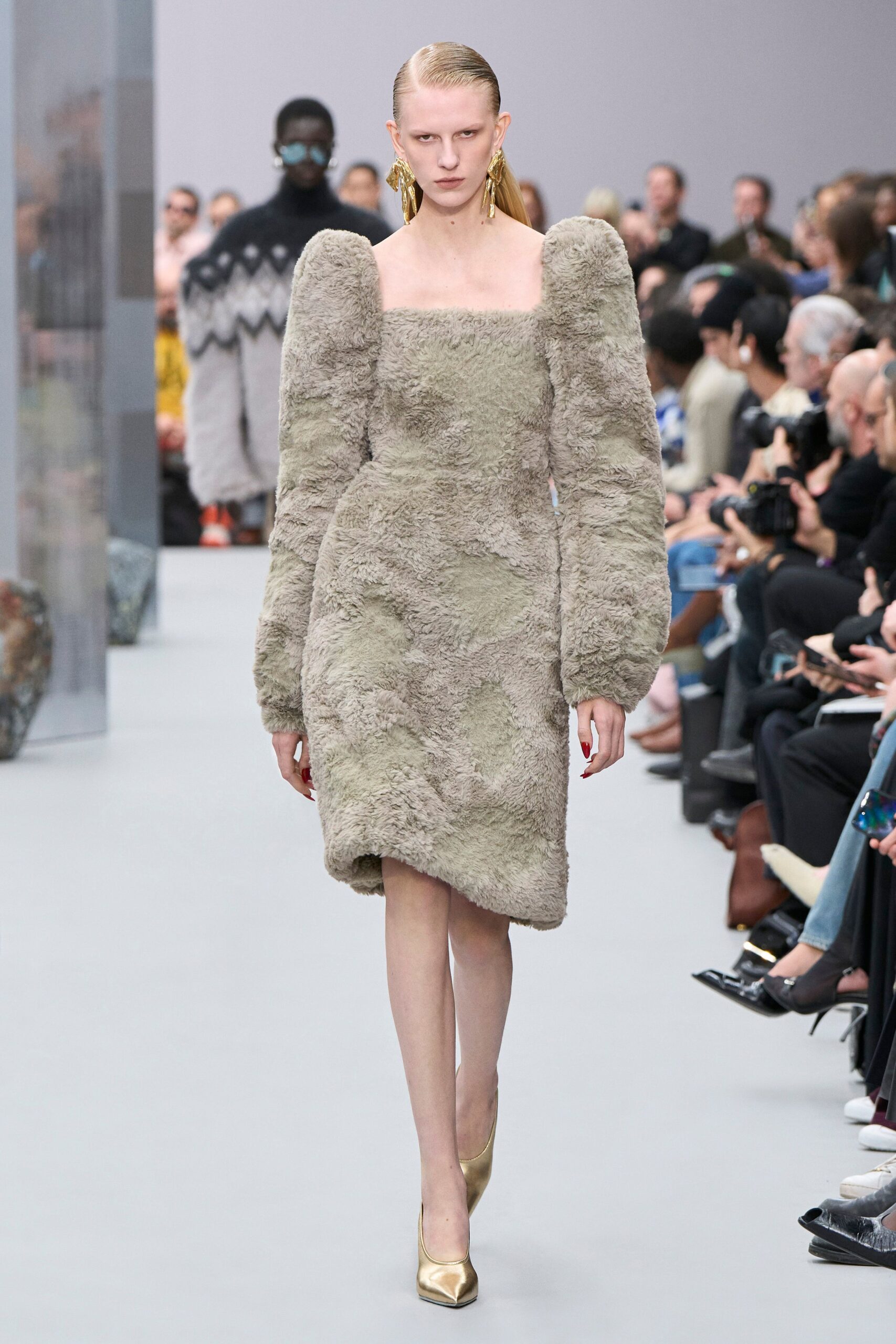 gray fur long-sleeve square-neck fitted draped mini dress