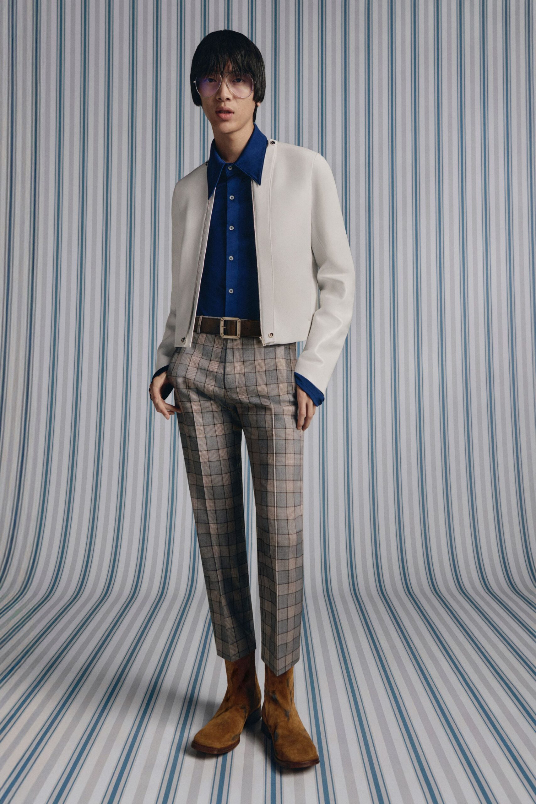 white leather long-sleeve collared structured buttoned cropped jacket
