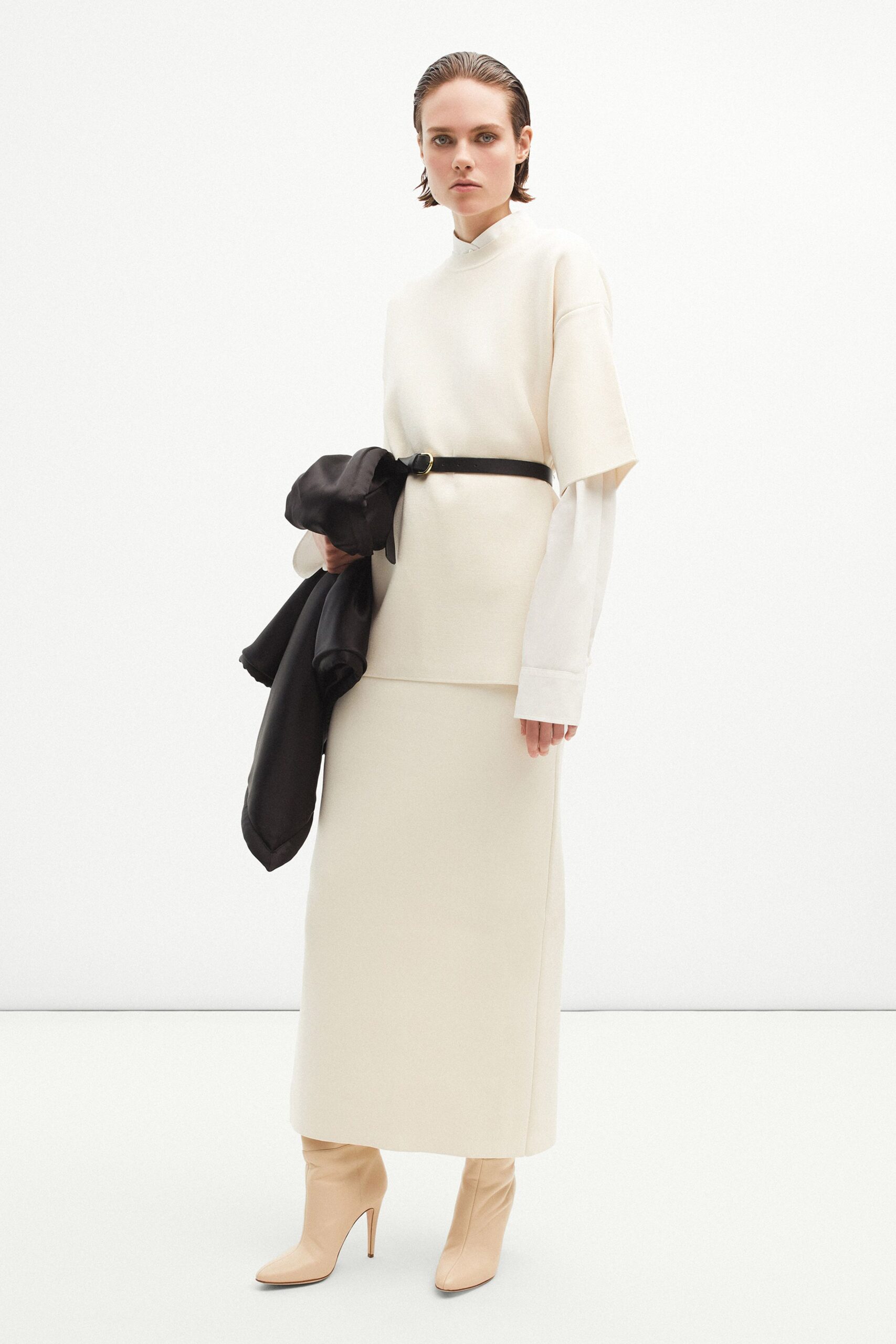 white relaxed top beige midi skirt