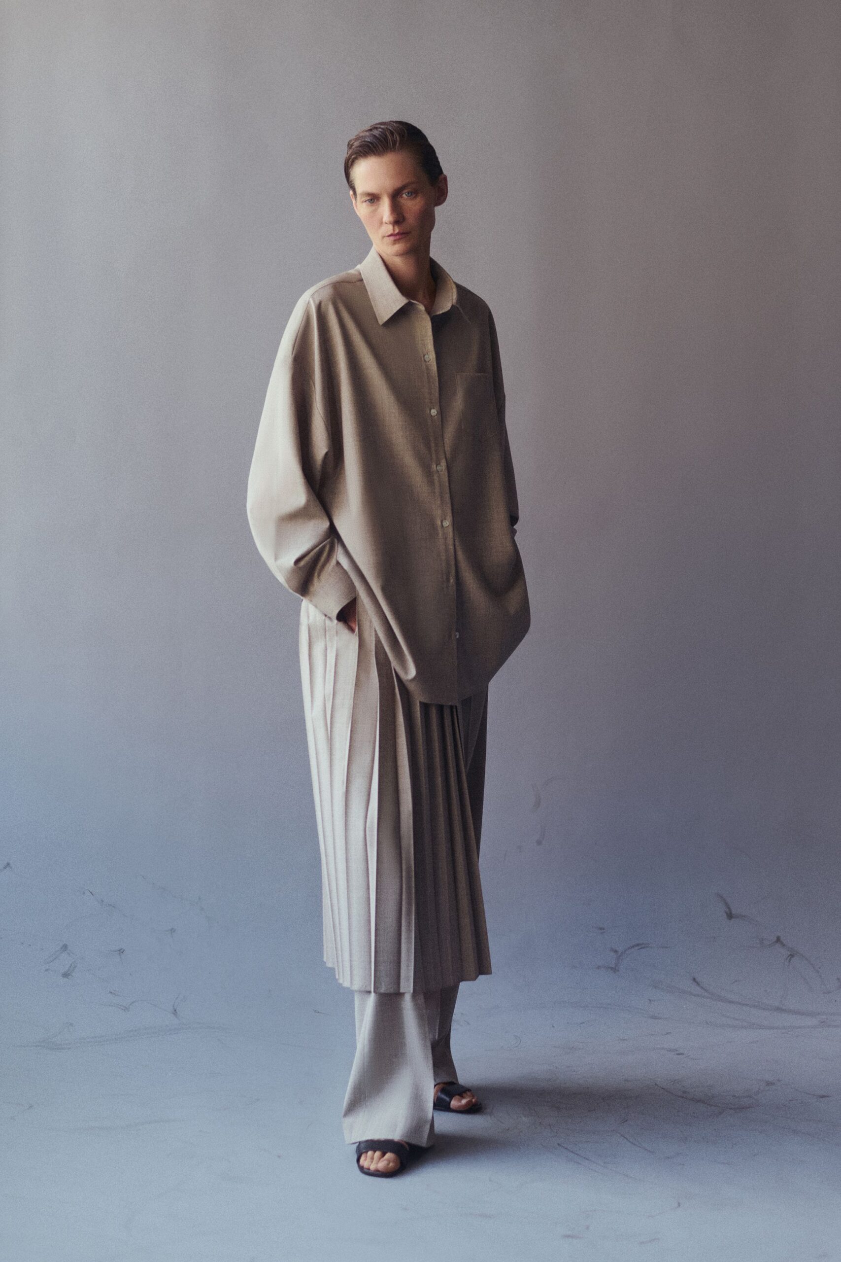beige cotton long-sleeve collared oversized longline shirt
