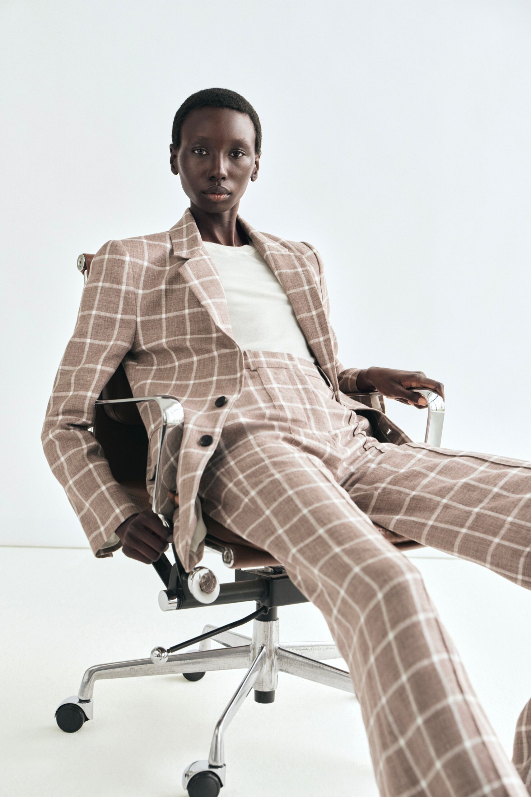 beige checked blazer and pants