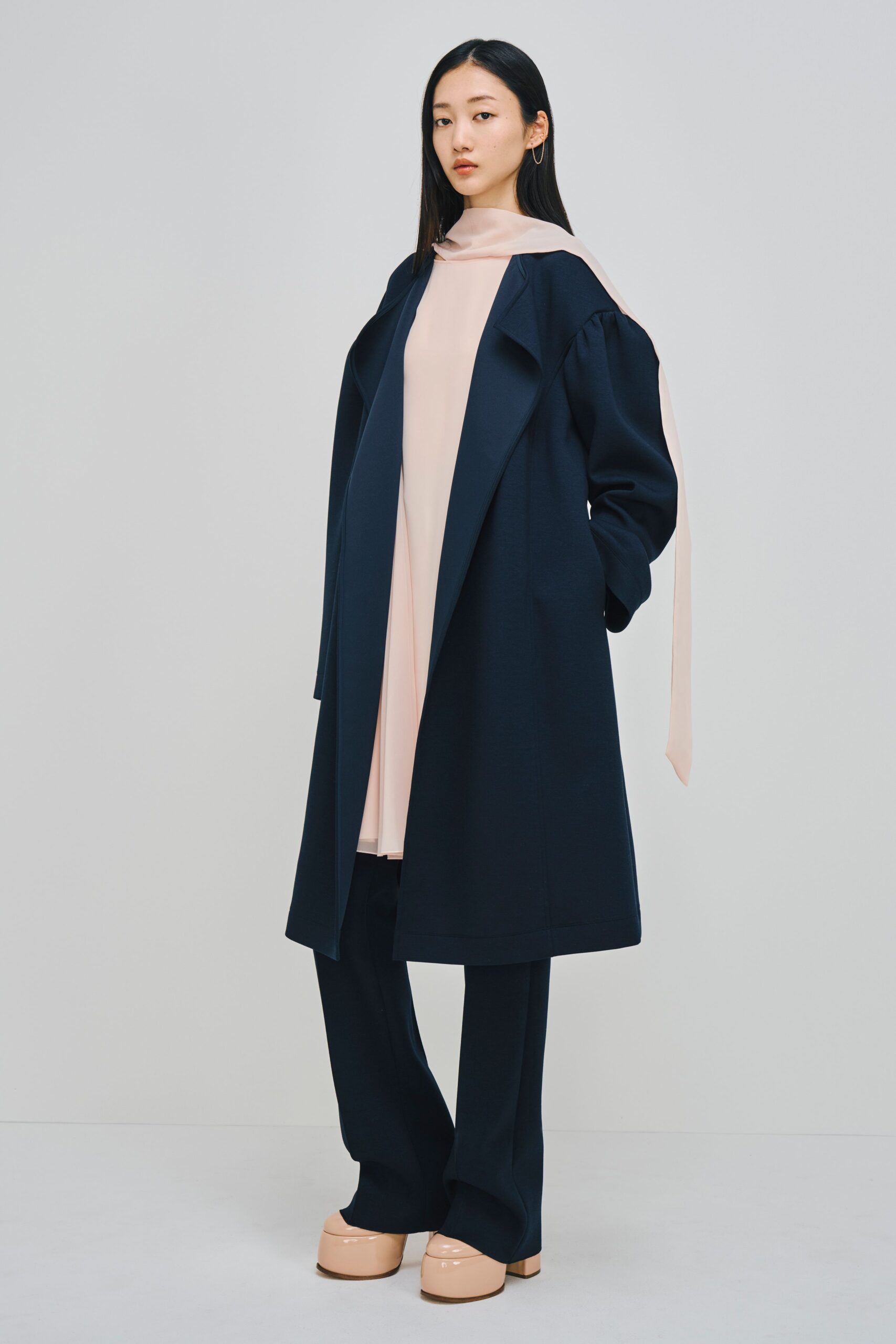 navy coat pink dress tailored pants