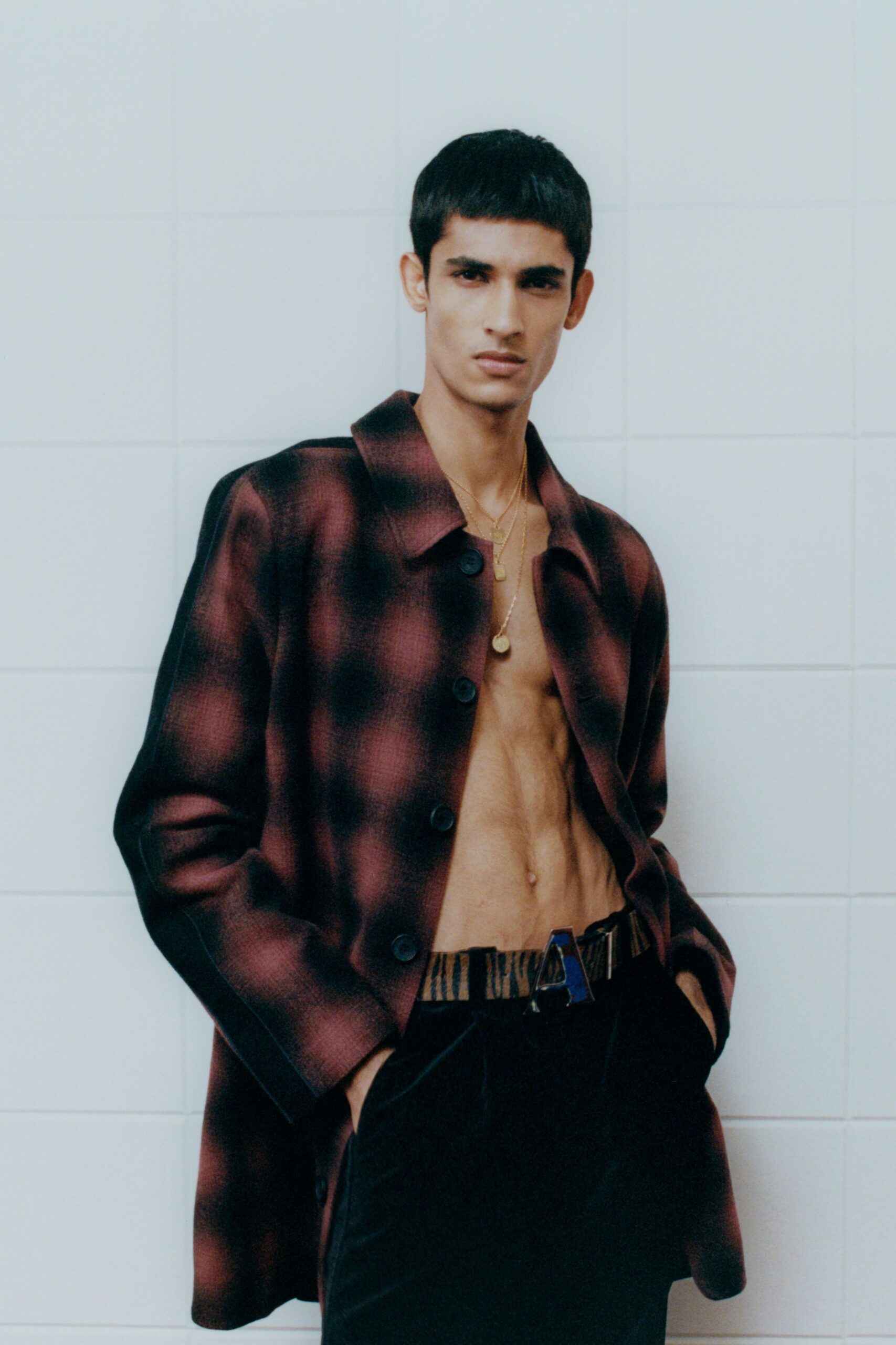 black and red checked coat with fitted shirt