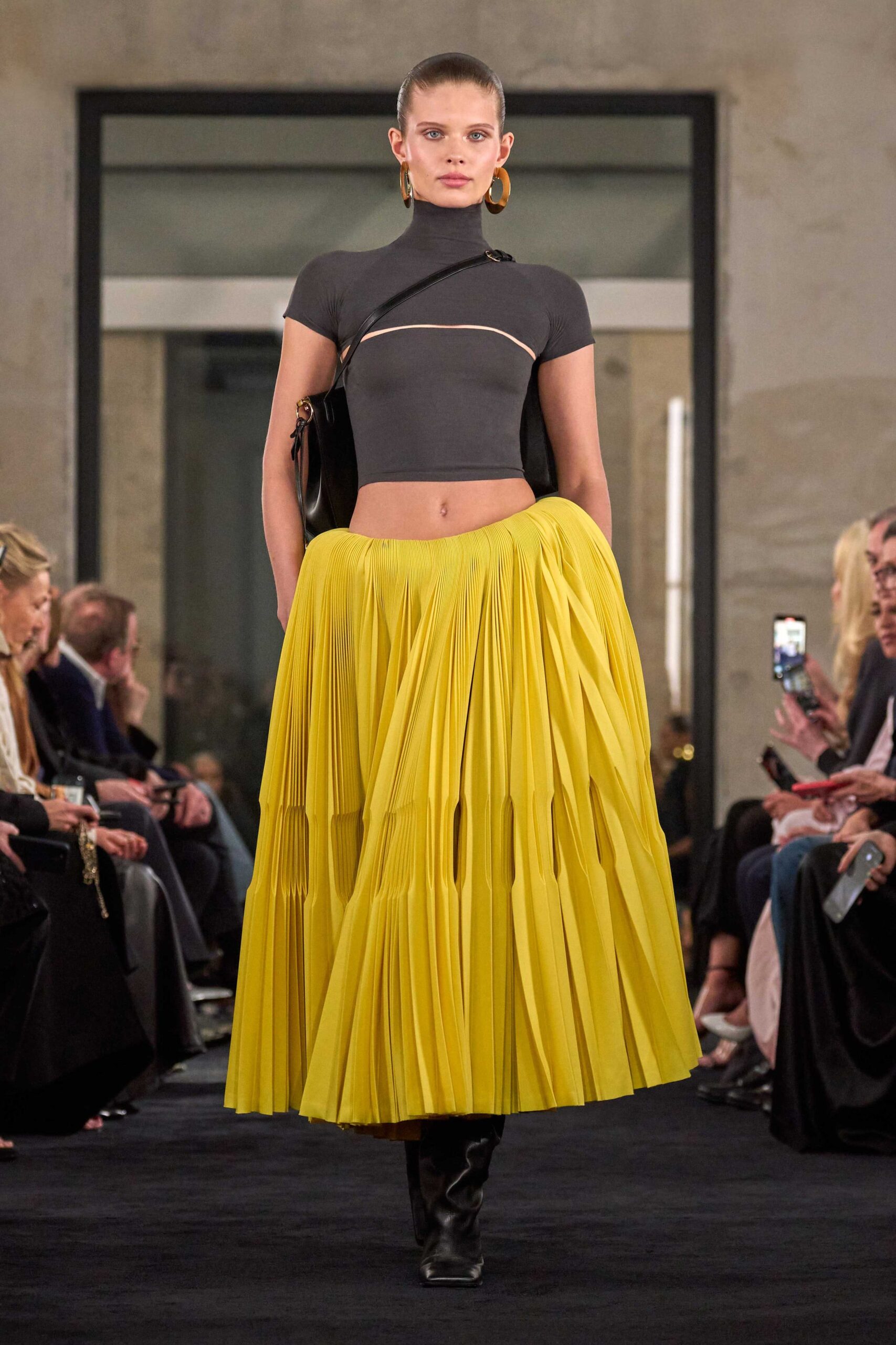 yellow cotton long-sleeve fitted pleated midi skirt
