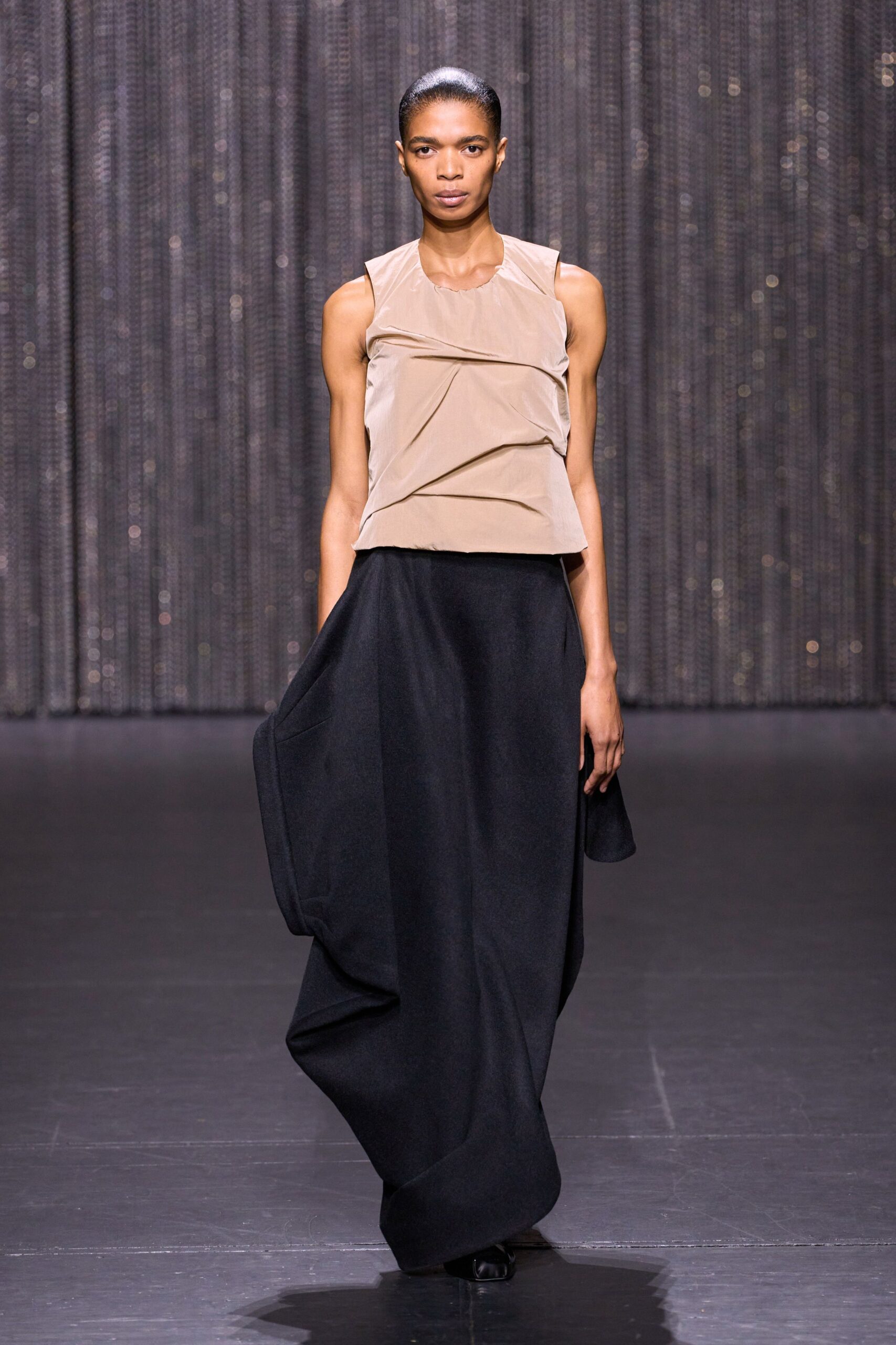 black wool relaxed draped maxi skirt