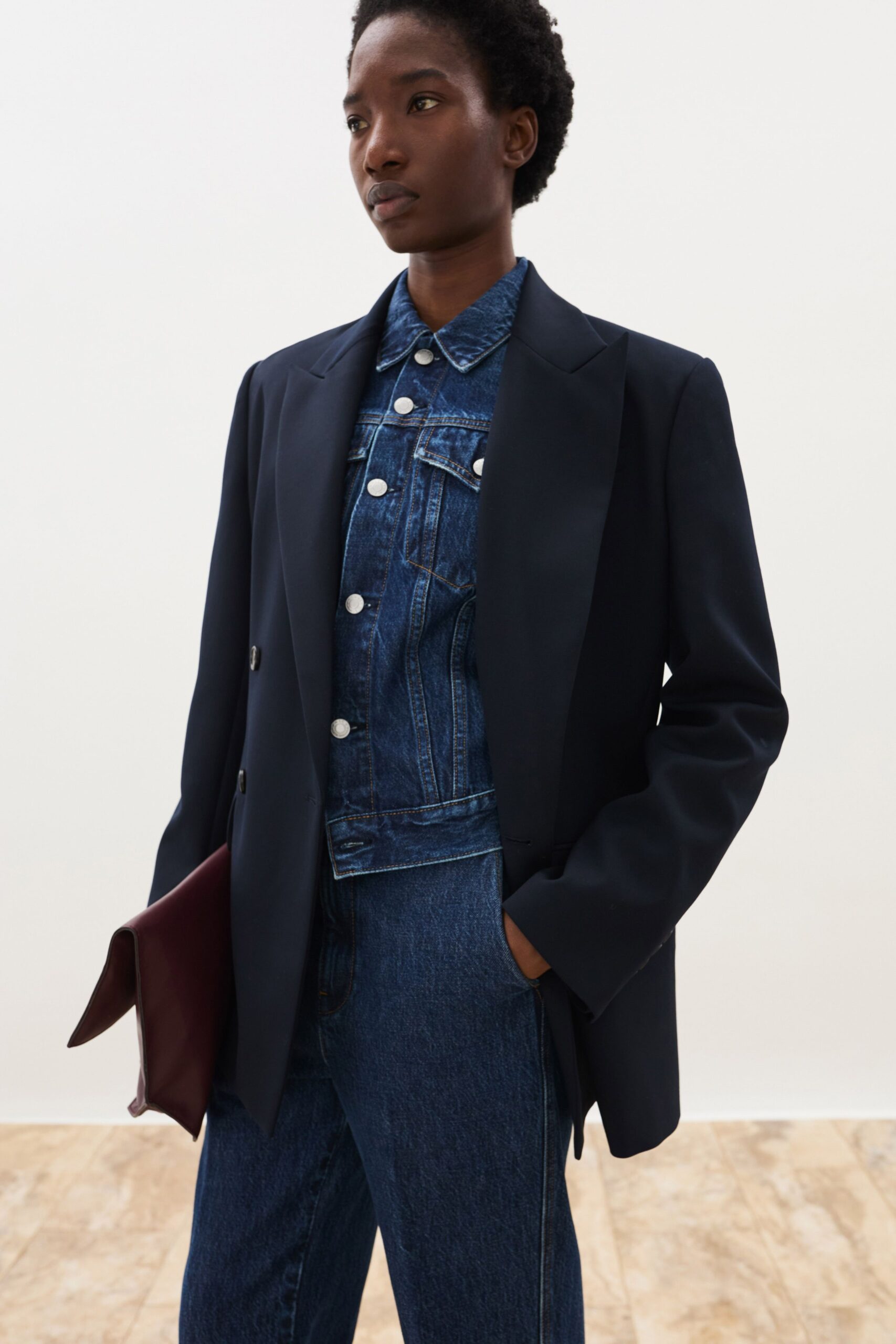 black blazer with denim shirt and pants