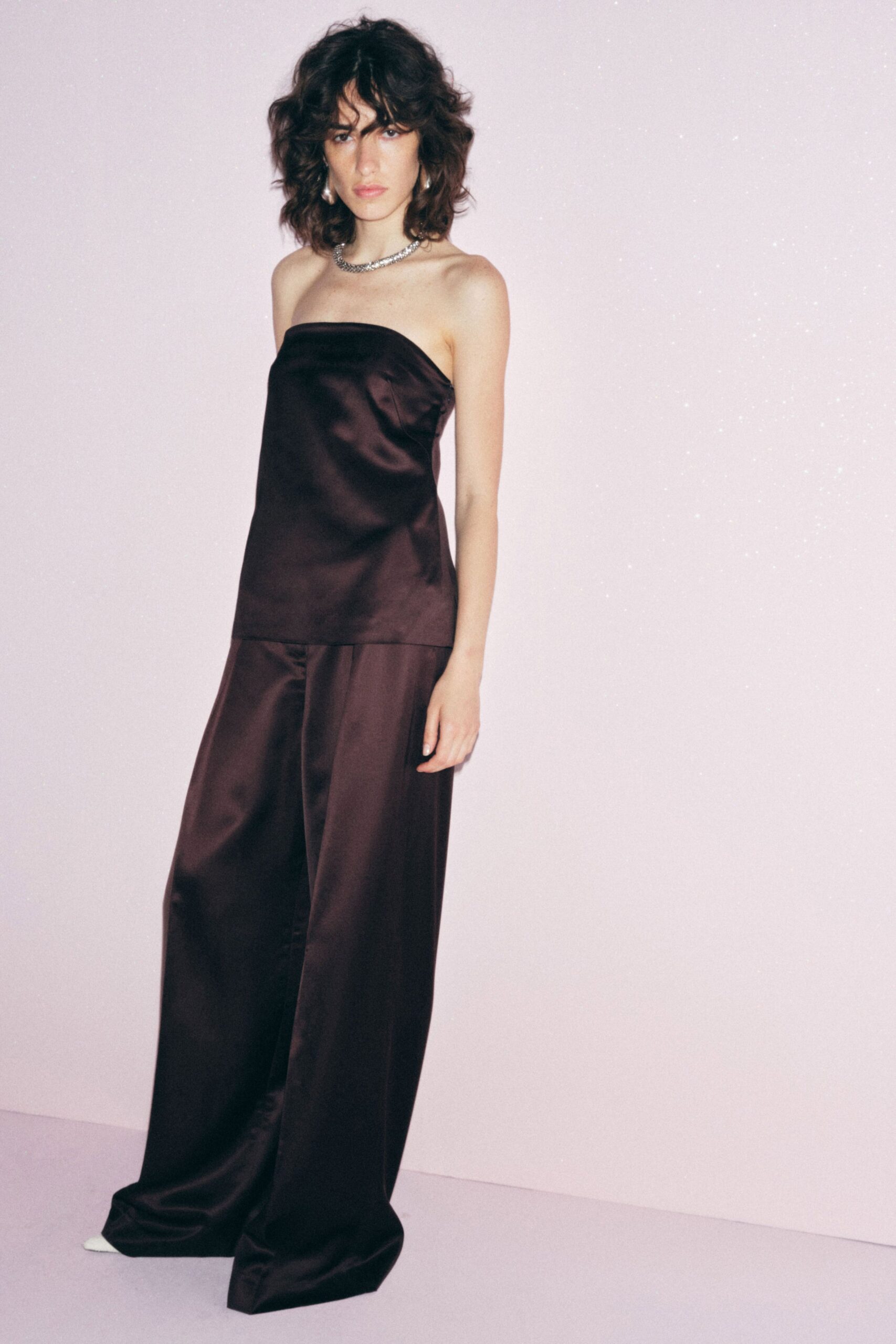 brown satin relaxed wide-leg shiny pants