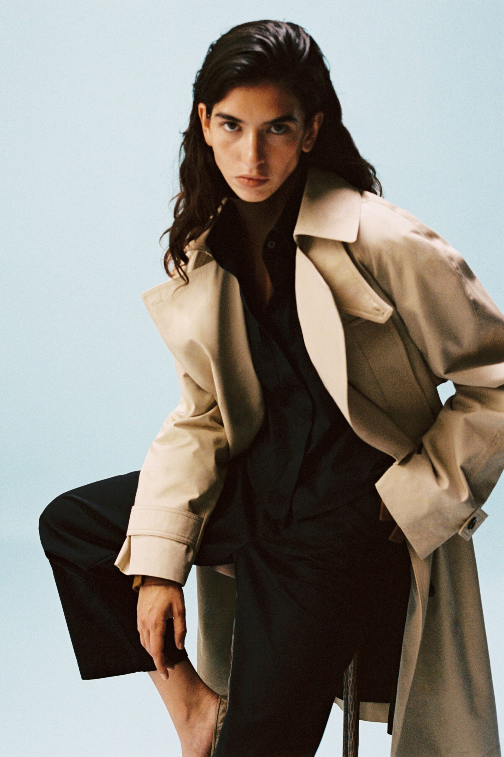 beige cotton long-sleeve collared oversized pockets textured trench