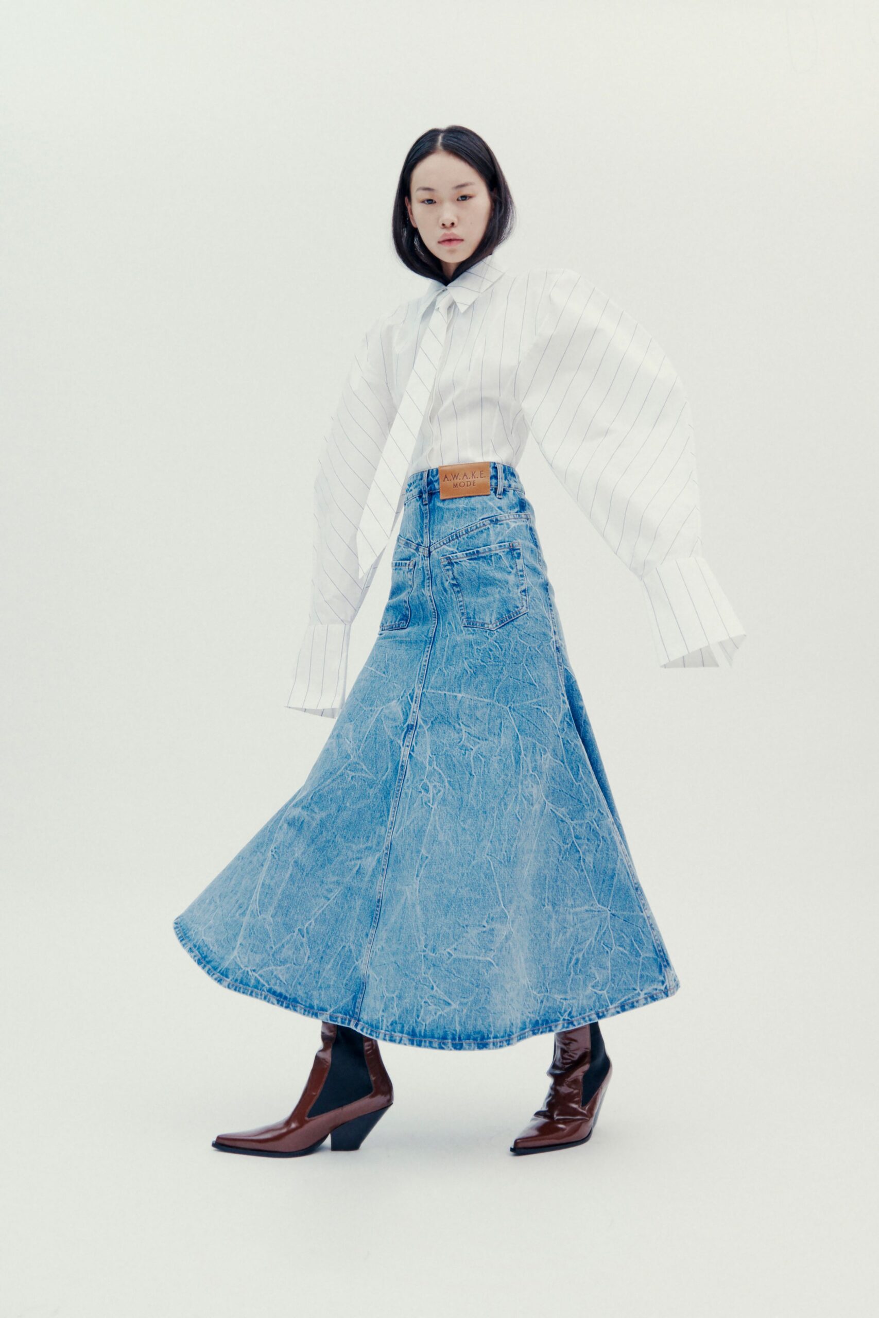 white striped shirt with blue denim skirt