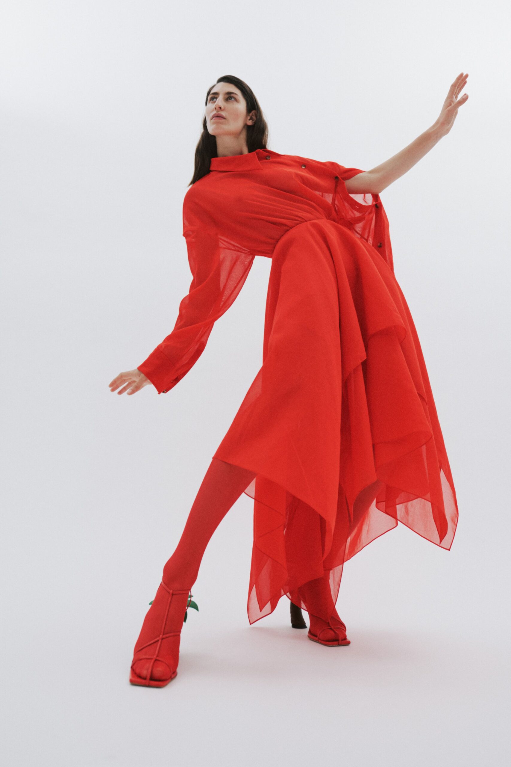 red chiffon long-sleeve collared fitted layered flowing dress