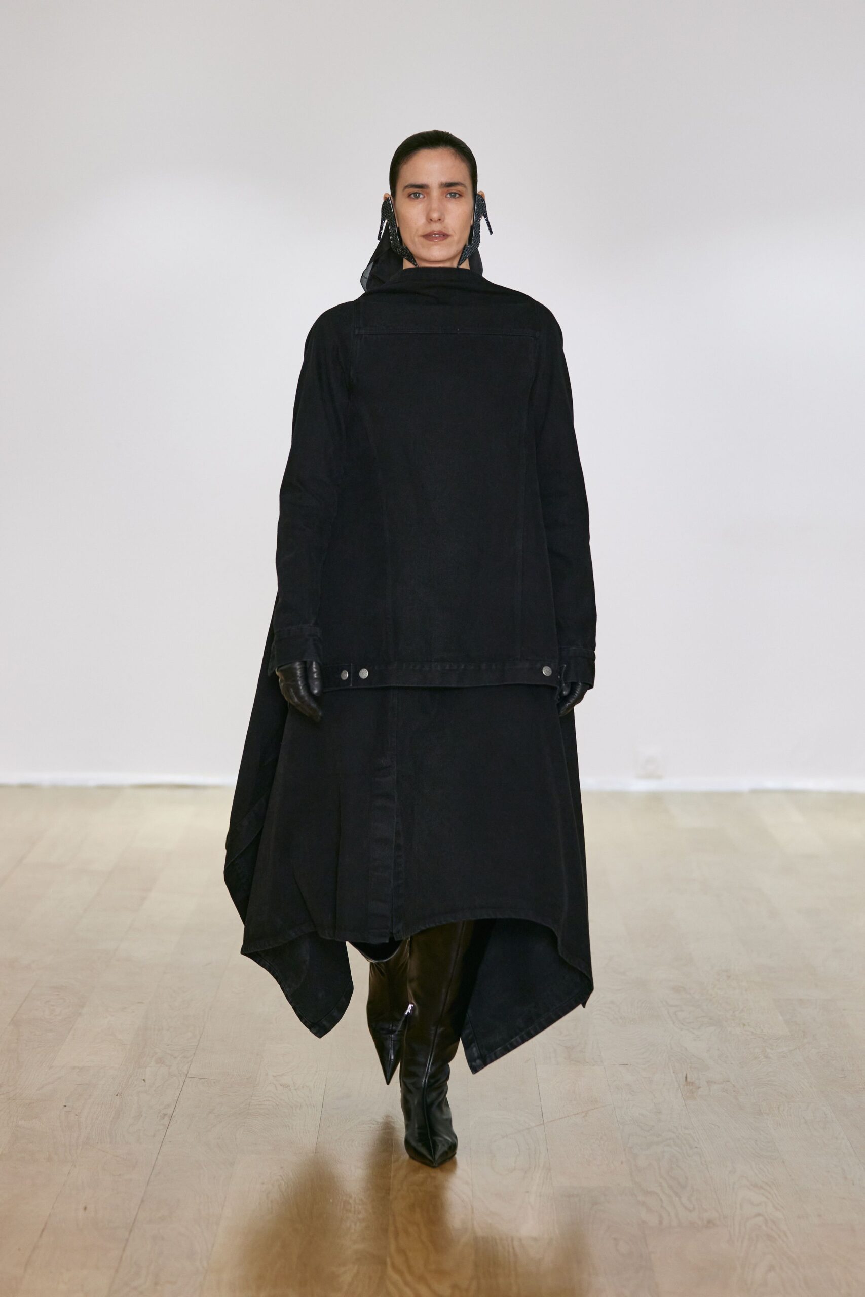 black denim long-sleeve high-neck relaxed midi coat