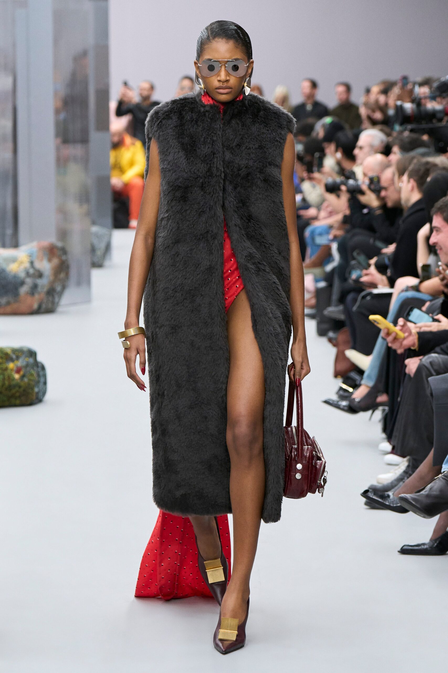 red silk sleeveless high-neck fitted maxi dress