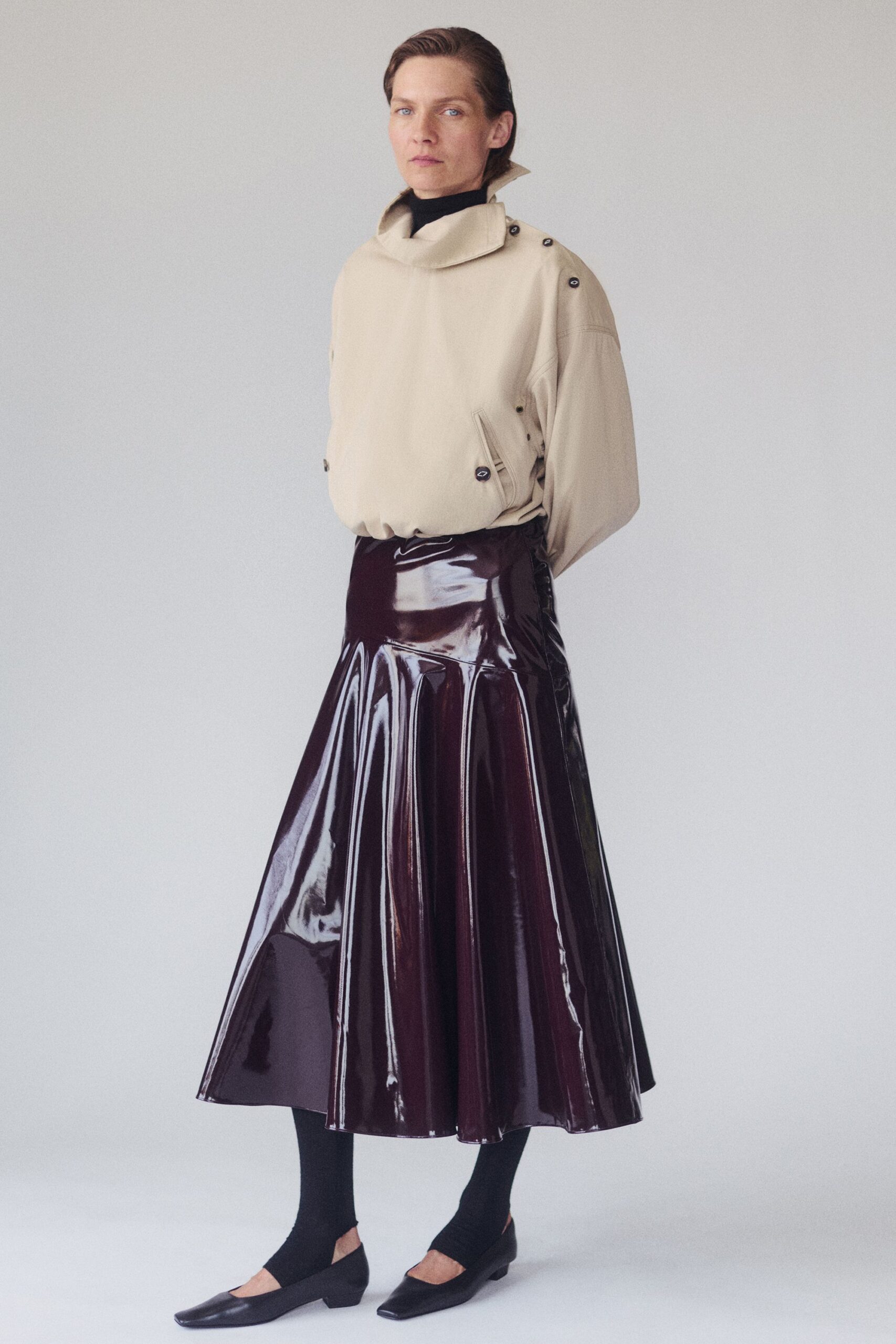 beige cotton long-sleeve high-neck oversized pockets buttoned top