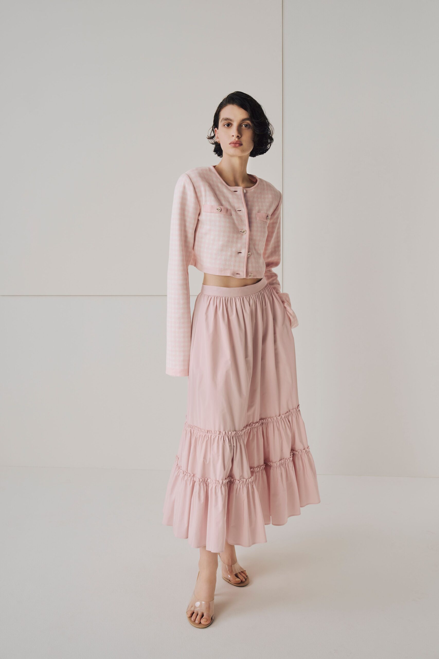 pink cropped top and midi skirt