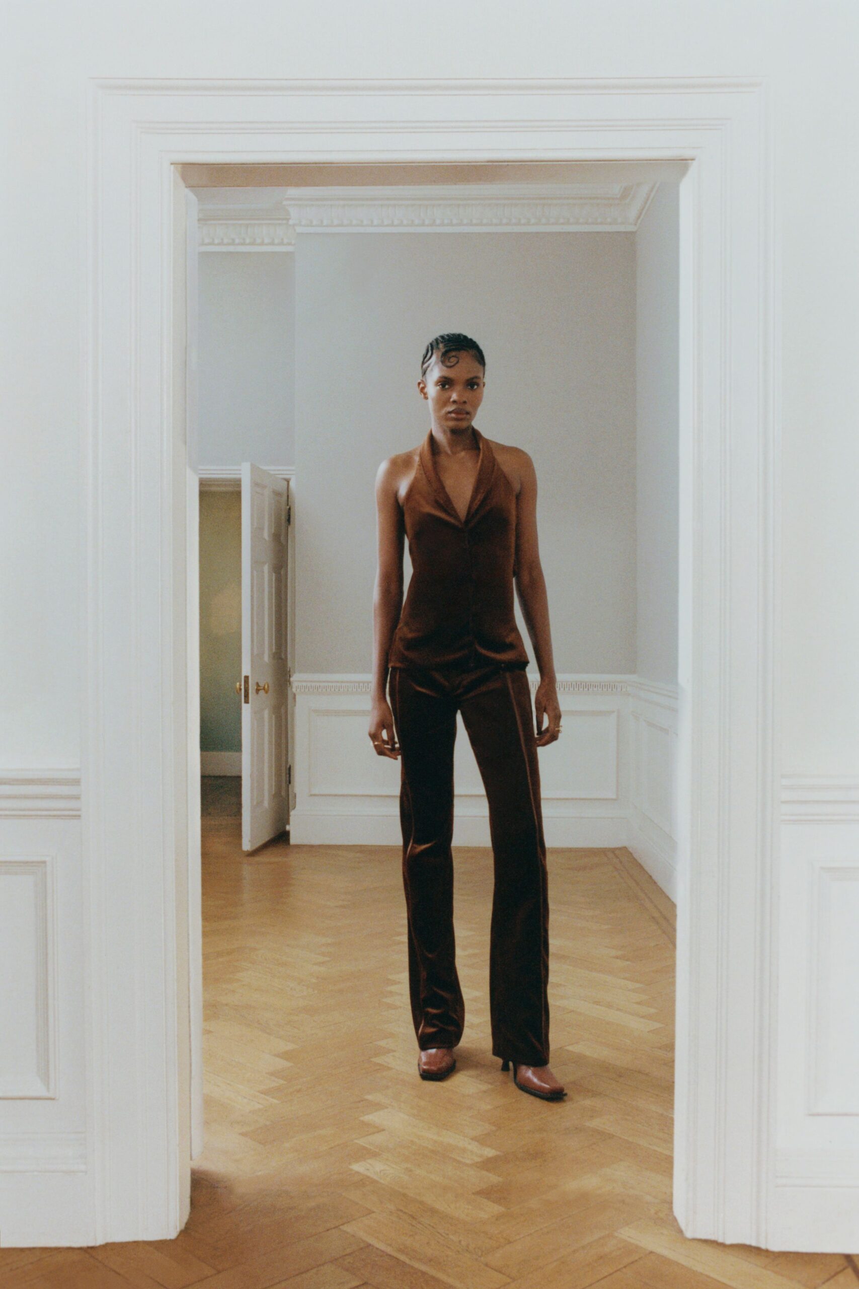 brown velvet sleeveless jumpsuit