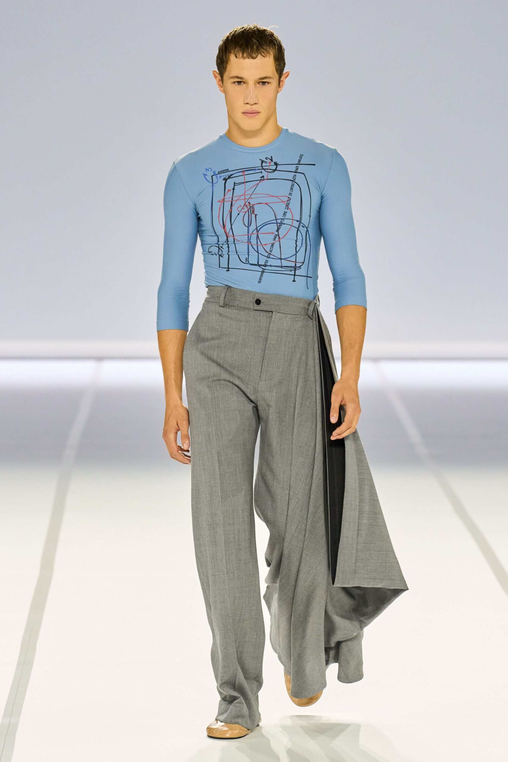 blue fitted top gray pants