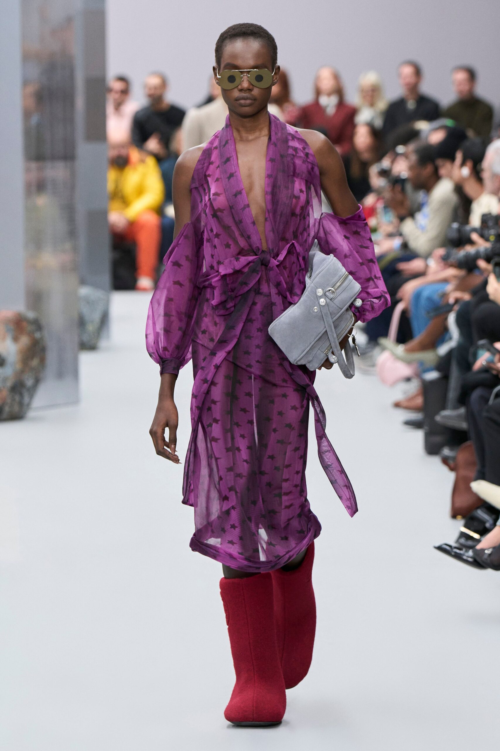 purple chiffon long-sleeve v-neck relaxed draped sheer dress