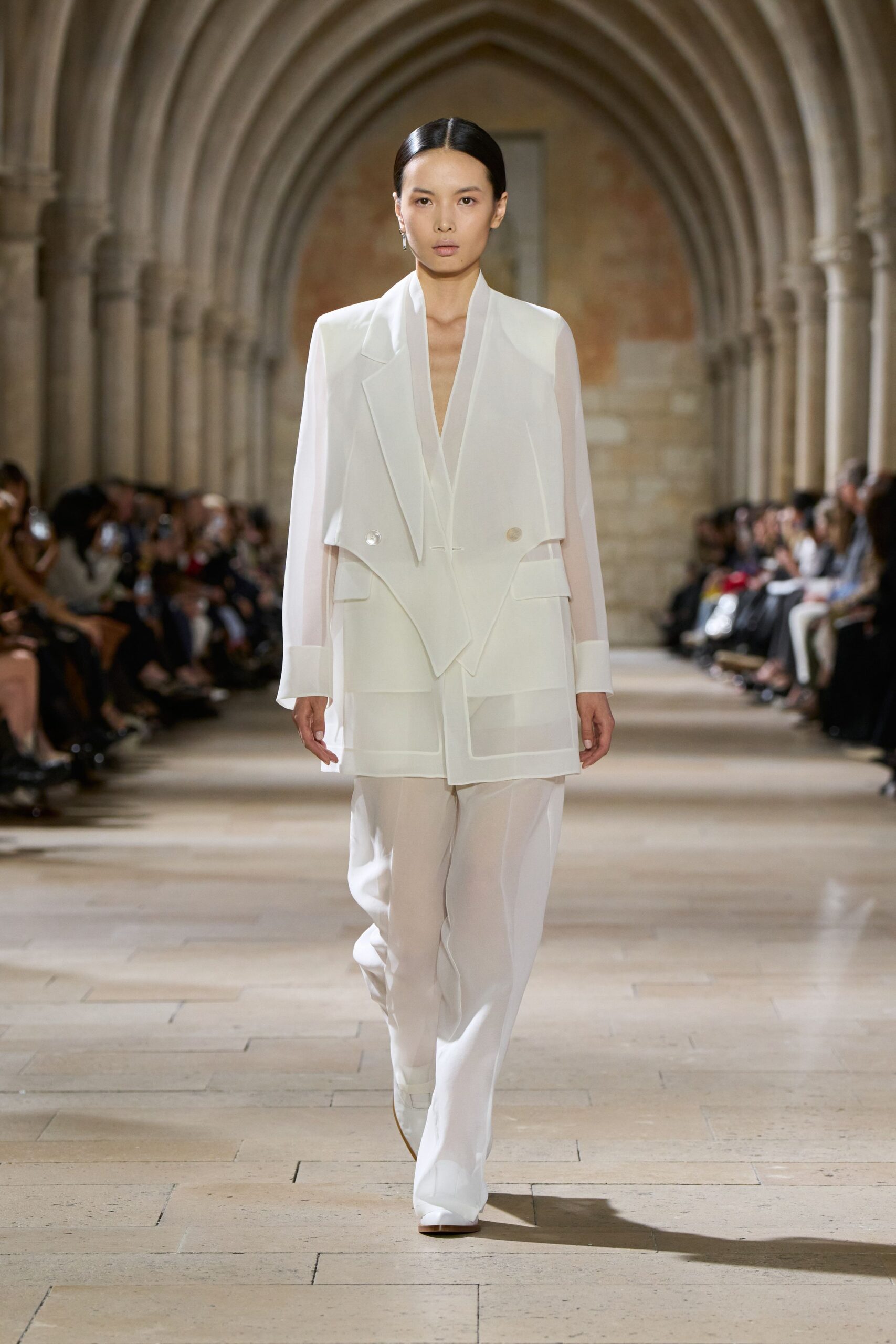 white silk long-sleeve collared structured buttoned blazer