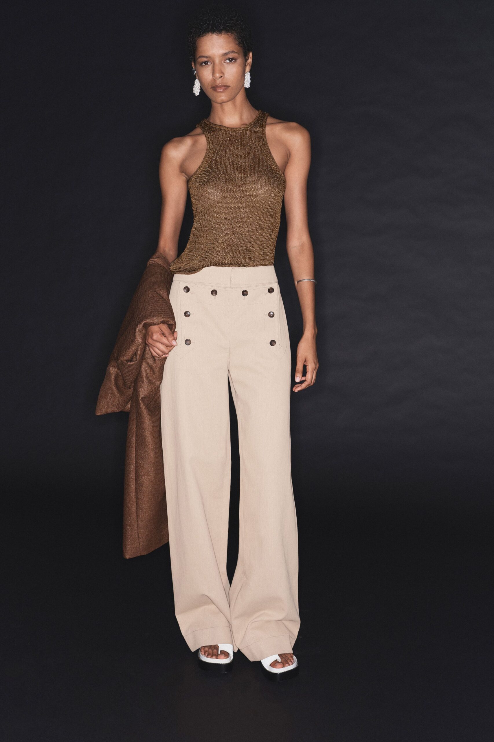 brown wool long-sleeve structured coat